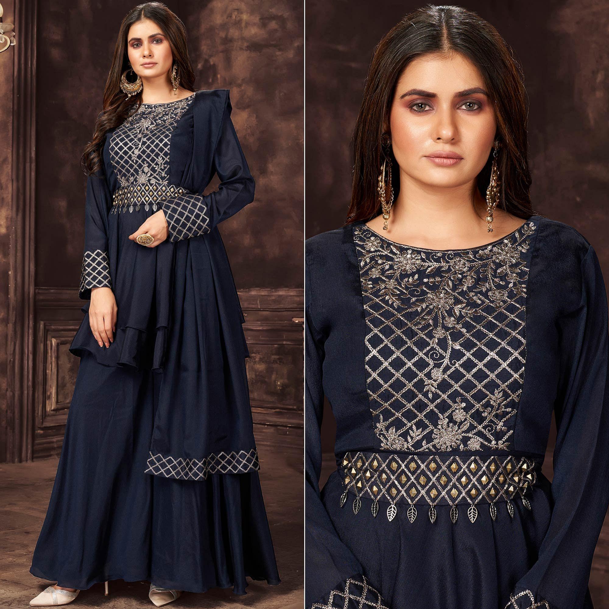 Navy Blue Sequence Embroidered Chiffon Sharara Suit - Peachmode