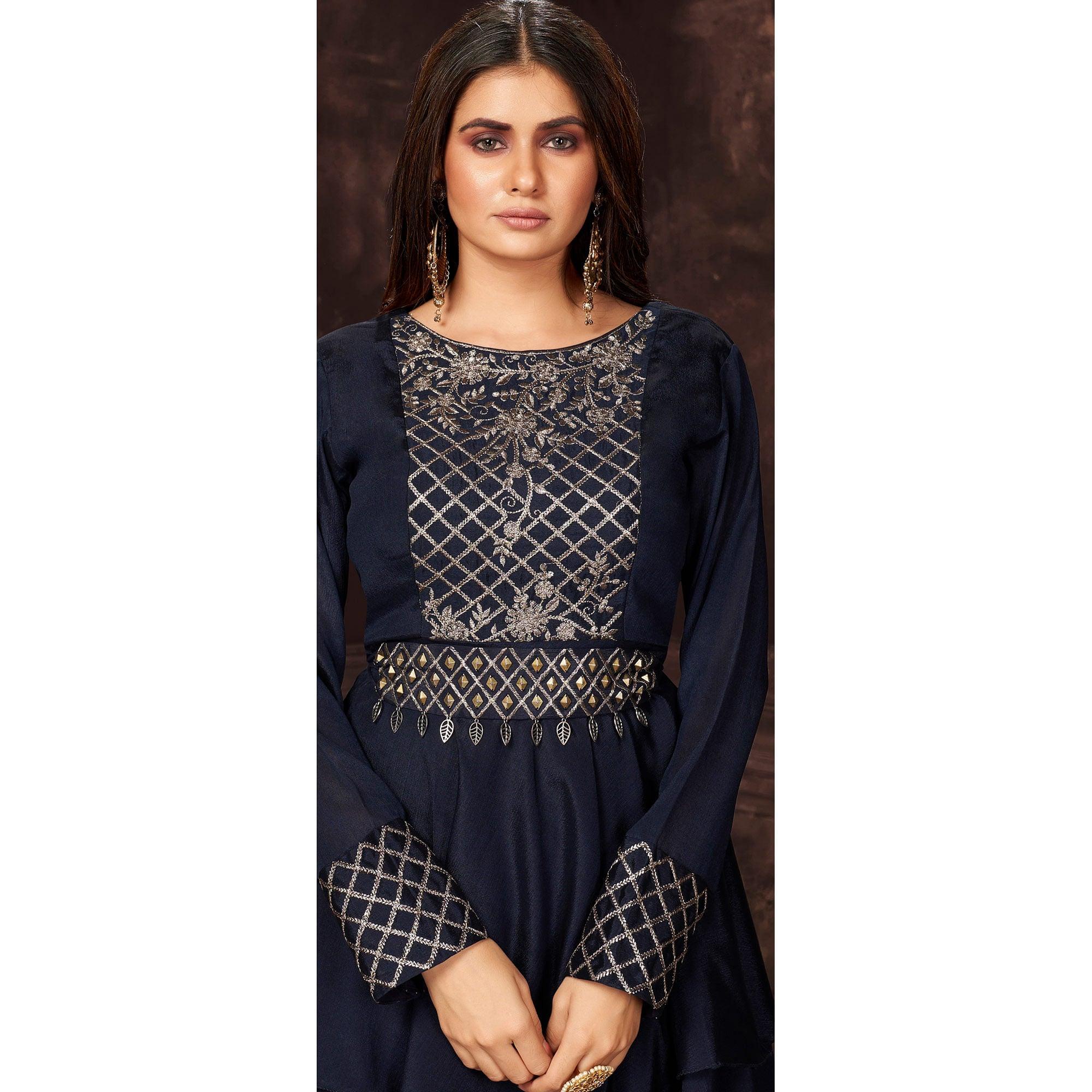 Navy Blue Sequence Embroidered Chiffon Sharara Suit - Peachmode