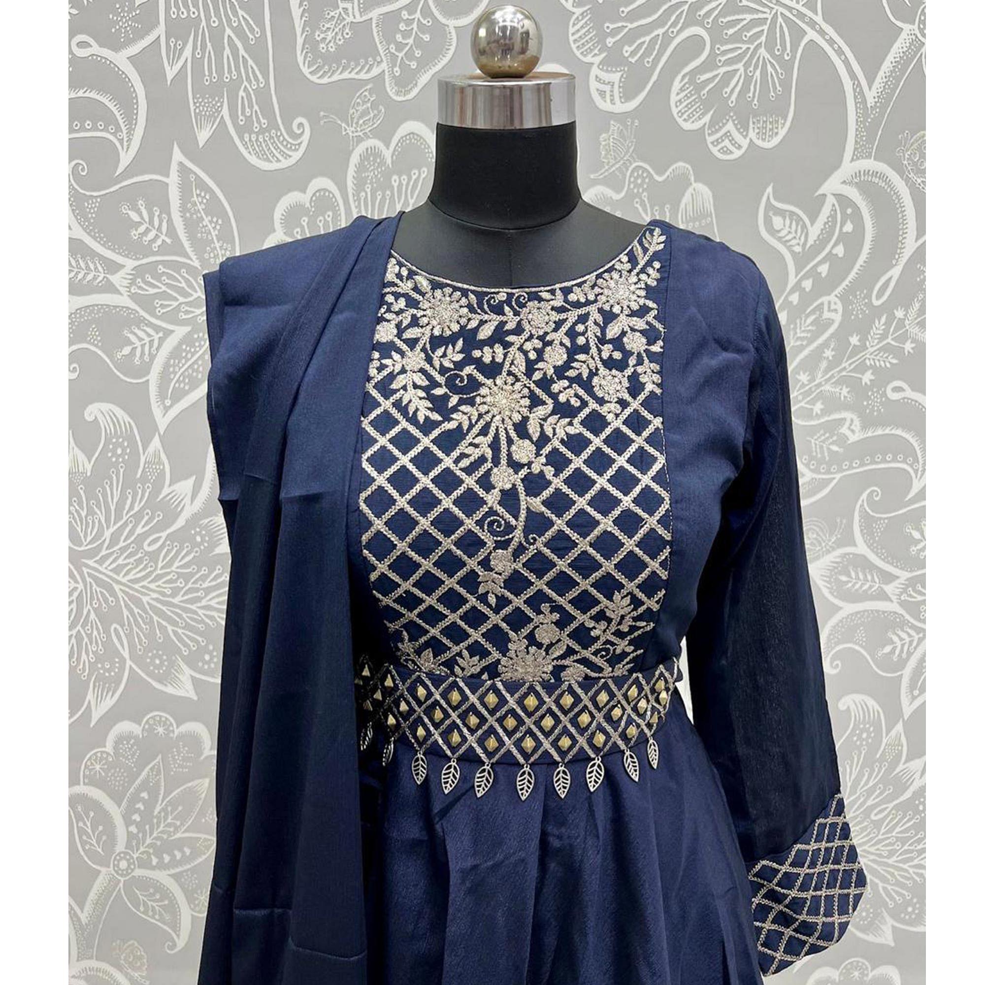 Navy Blue Sequence Embroidered Chiffon Sharara Suit - Peachmode