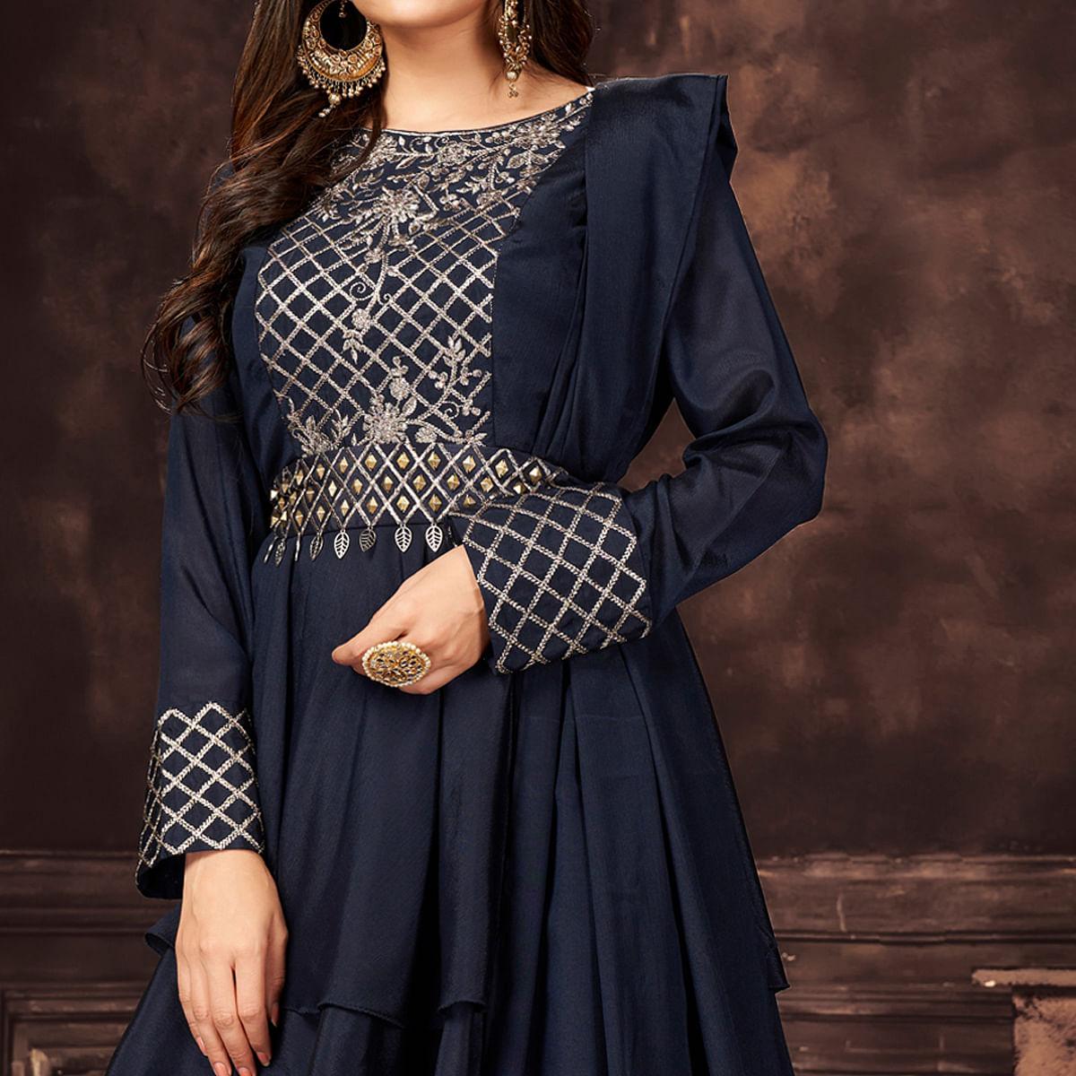 Navy Blue Sequence Embroidered Chiffon Sharara Suit - Peachmode