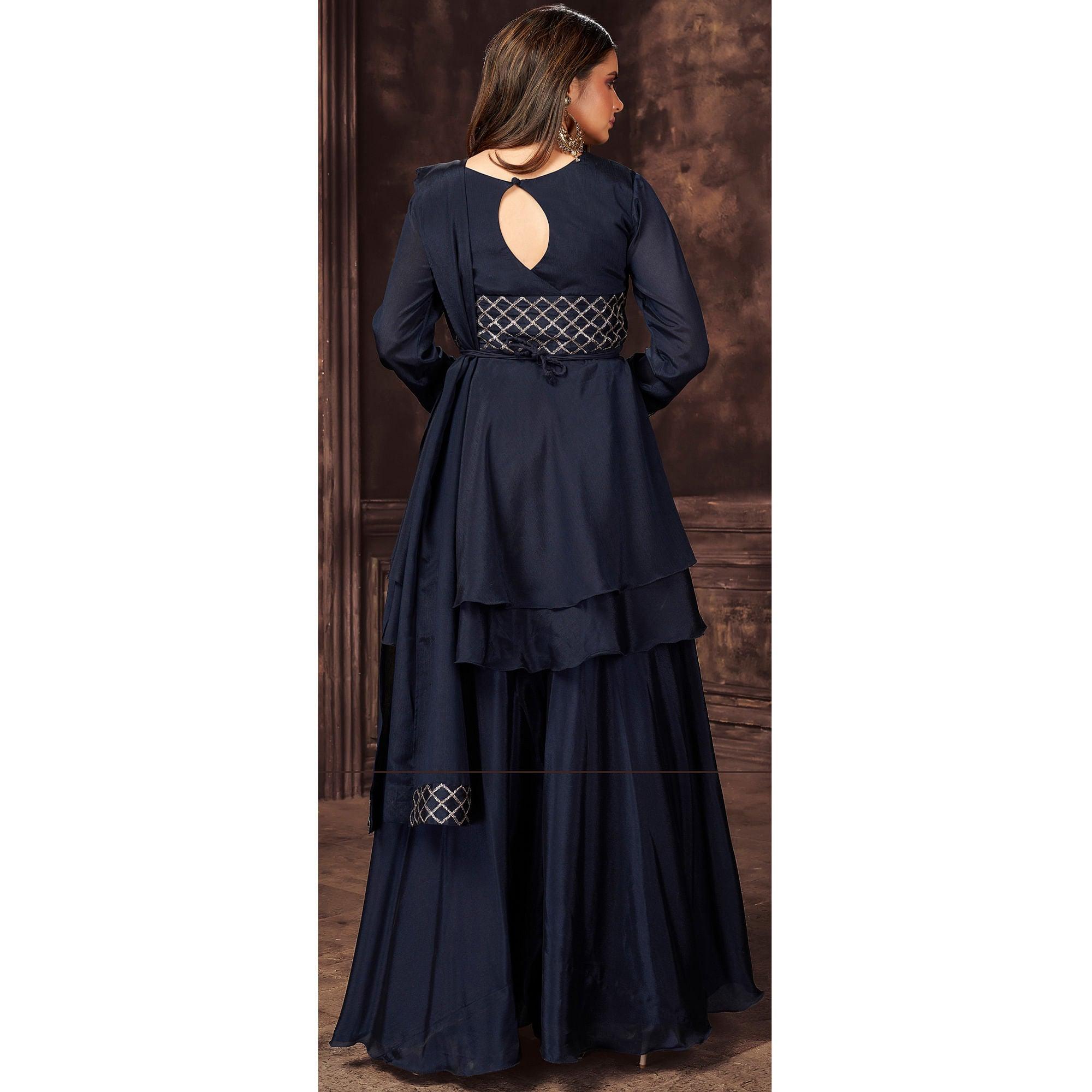 Navy Blue Sequence Embroidered Chiffon Sharara Suit - Peachmode