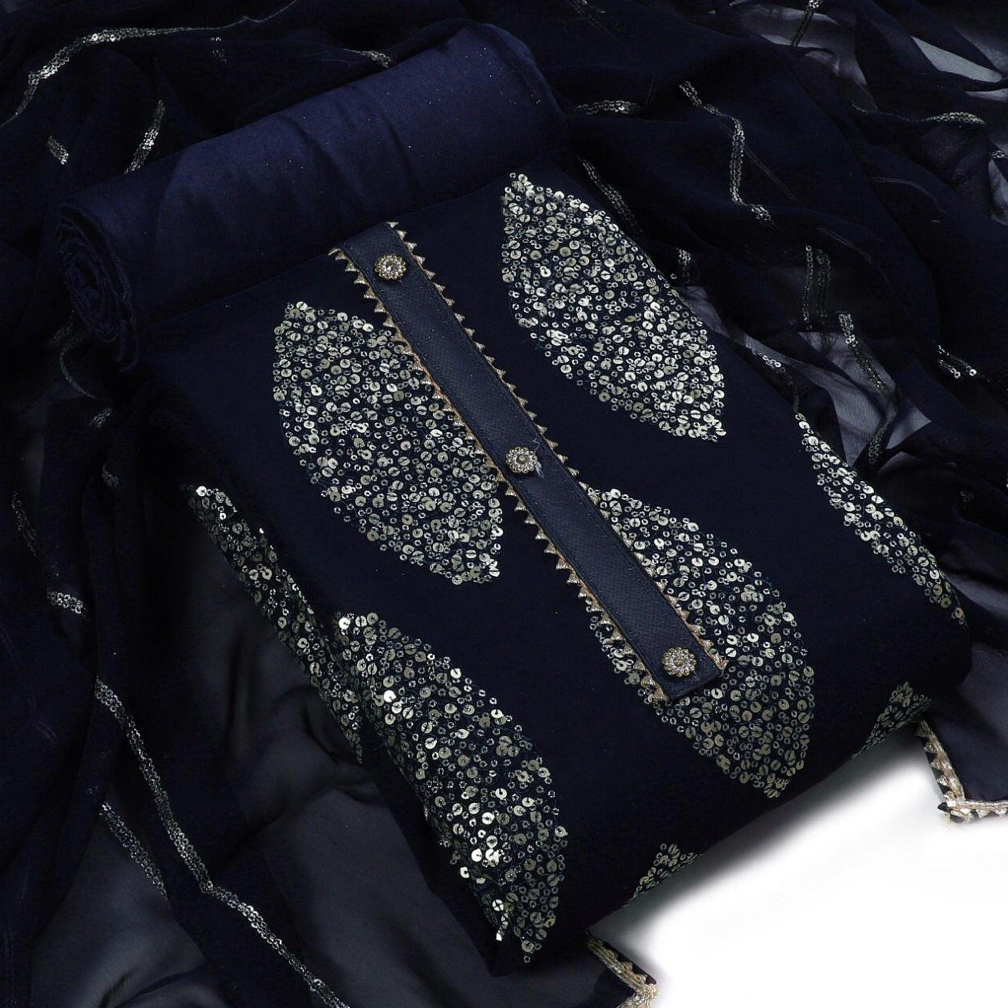 Navy Blue Sequence Embroidered Georgette Dress Material - Peachmode