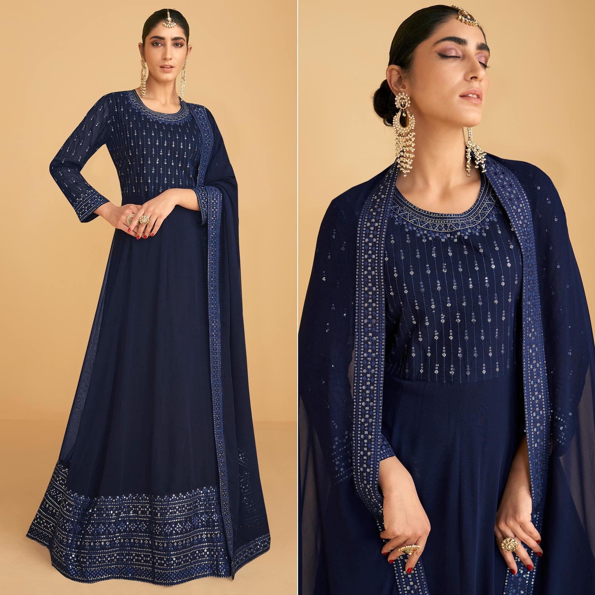 Navy Blue Sequence Embroidered Georgette Gown - Peachmode