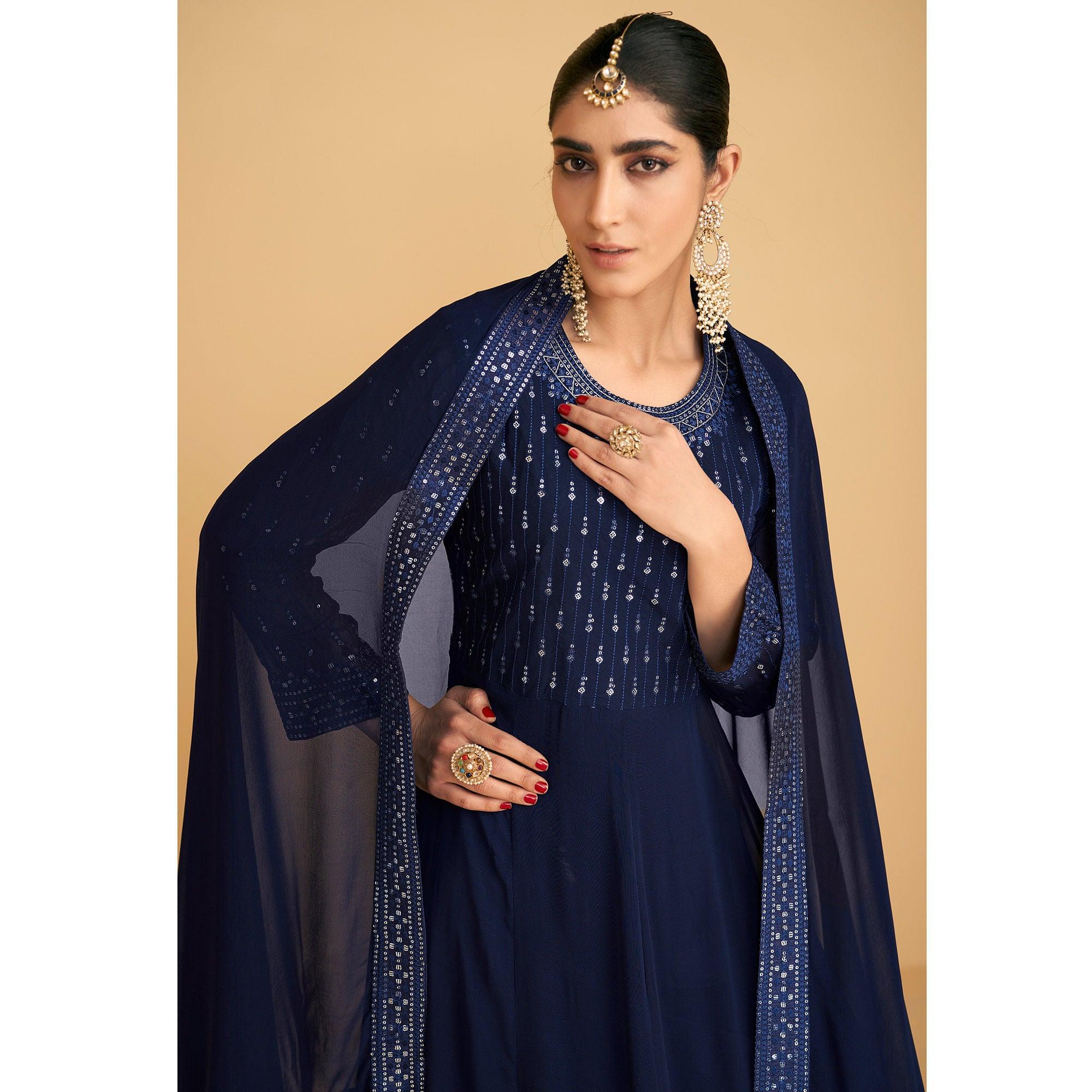 Navy Blue Sequence Embroidered Georgette Gown - Peachmode