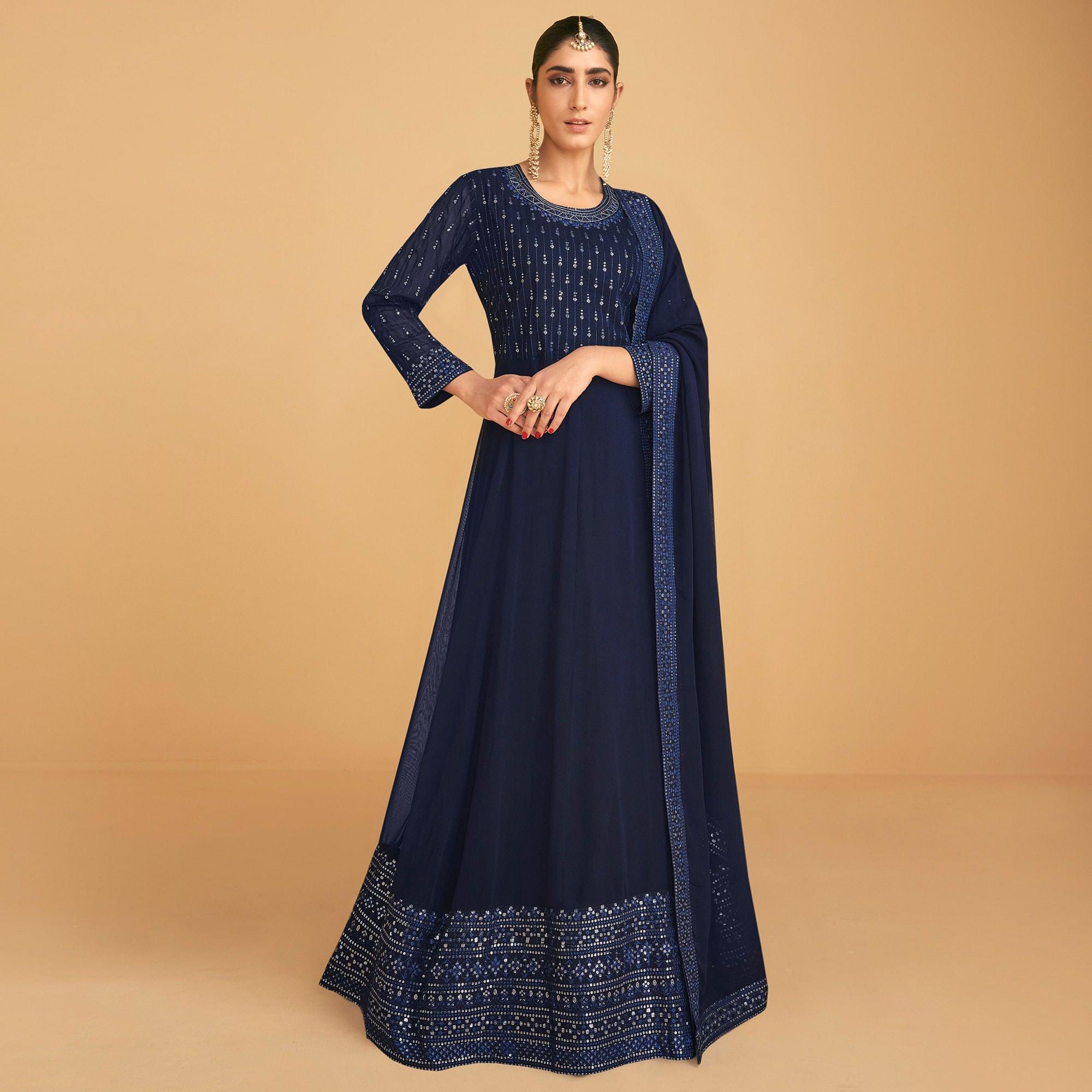 Navy Blue Sequence Embroidered Georgette Gown - Peachmode