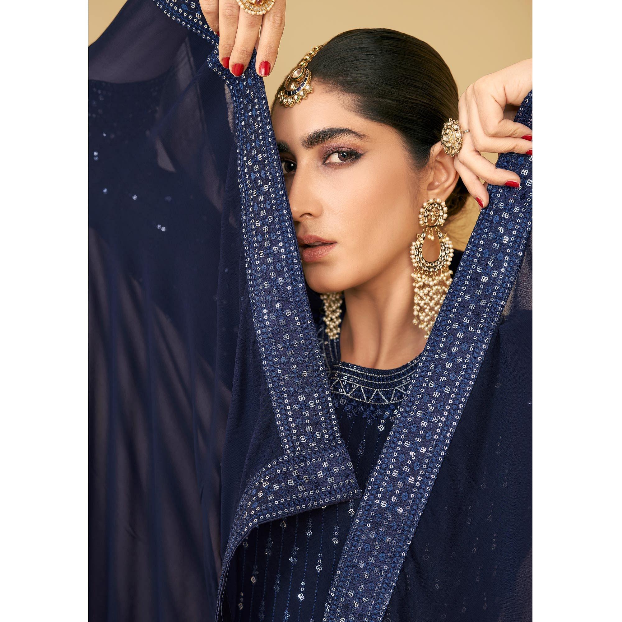 Navy Blue Sequence Embroidered Georgette Gown - Peachmode