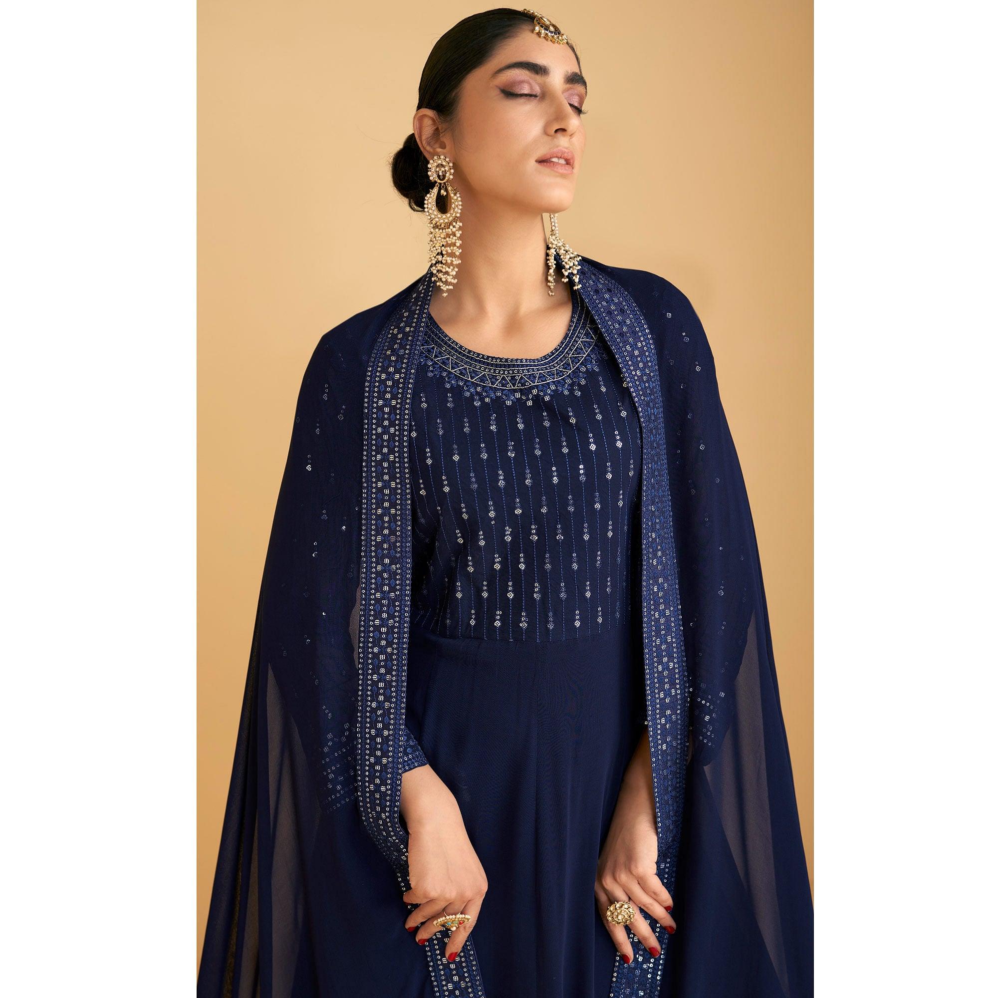 Navy Blue Sequence Embroidered Georgette Gown - Peachmode