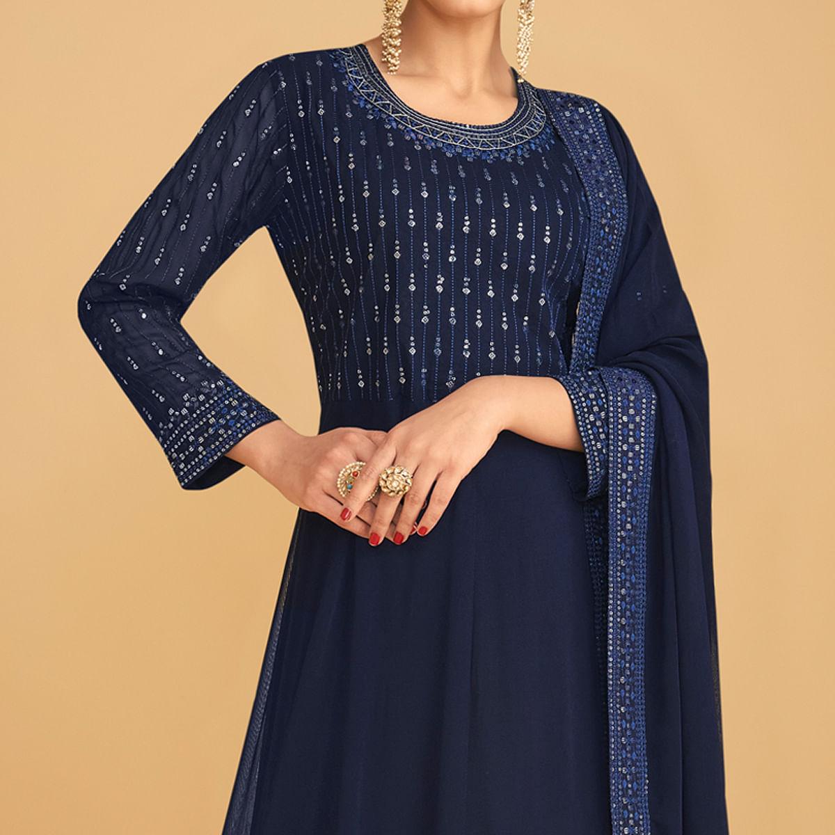 Navy Blue Sequence Embroidered Georgette Gown - Peachmode