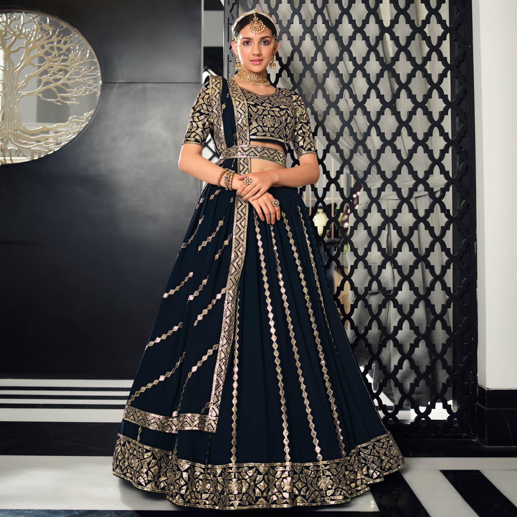 Navy Blue Sequence Embroidered Georgette Lehenga Choli - Peachmode