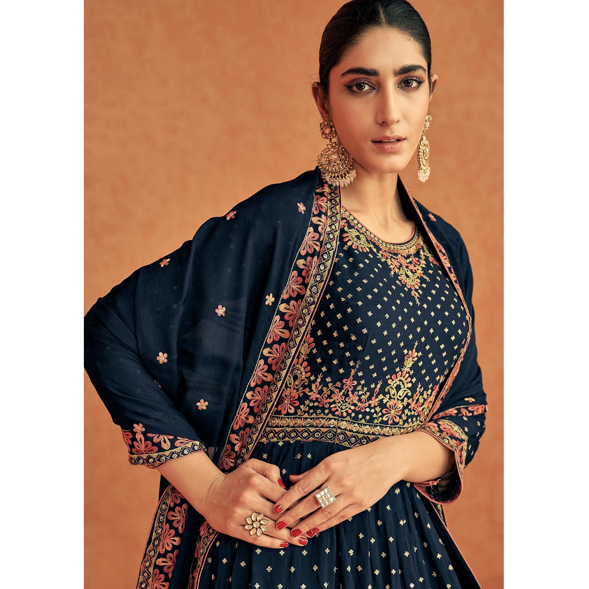 Navy Blue Sequence Embroidered Georgette Lehenga With Top - Peachmode