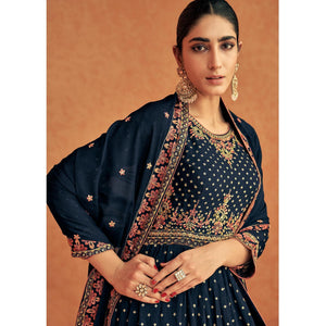 Navy Blue Sequence Embroidered Georgette Lehenga With Top - Peachmode