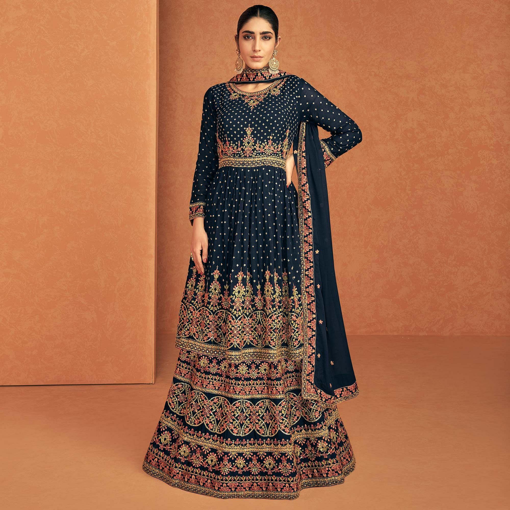 Navy Blue Sequence Embroidered Georgette Lehenga With Top - Peachmode