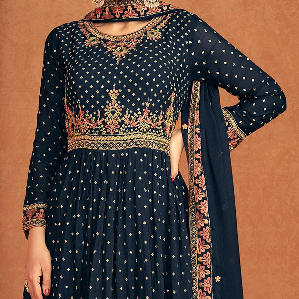 Navy Blue Sequence Embroidered Georgette Lehenga With Top - Peachmode