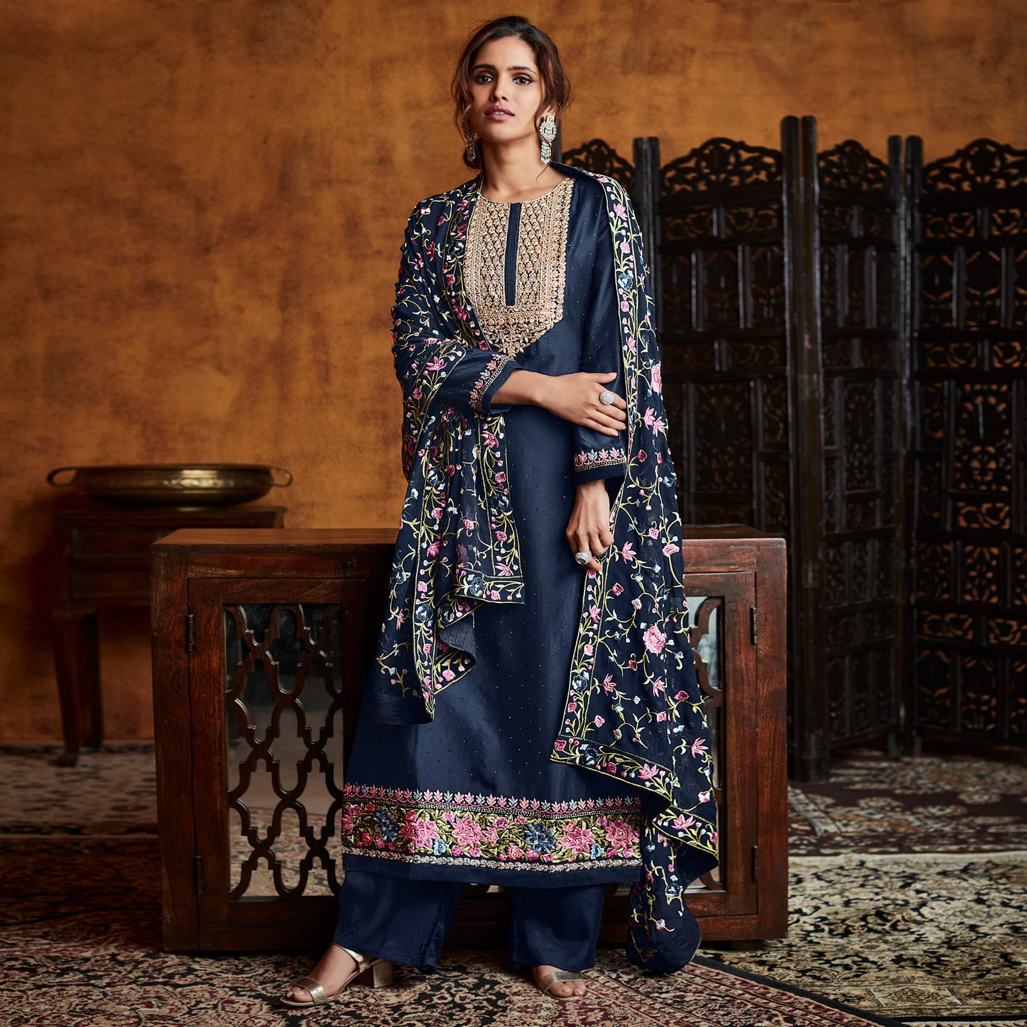 Navy Blue Sequence Embroidered Georgette Partywear Suit - Peachmode