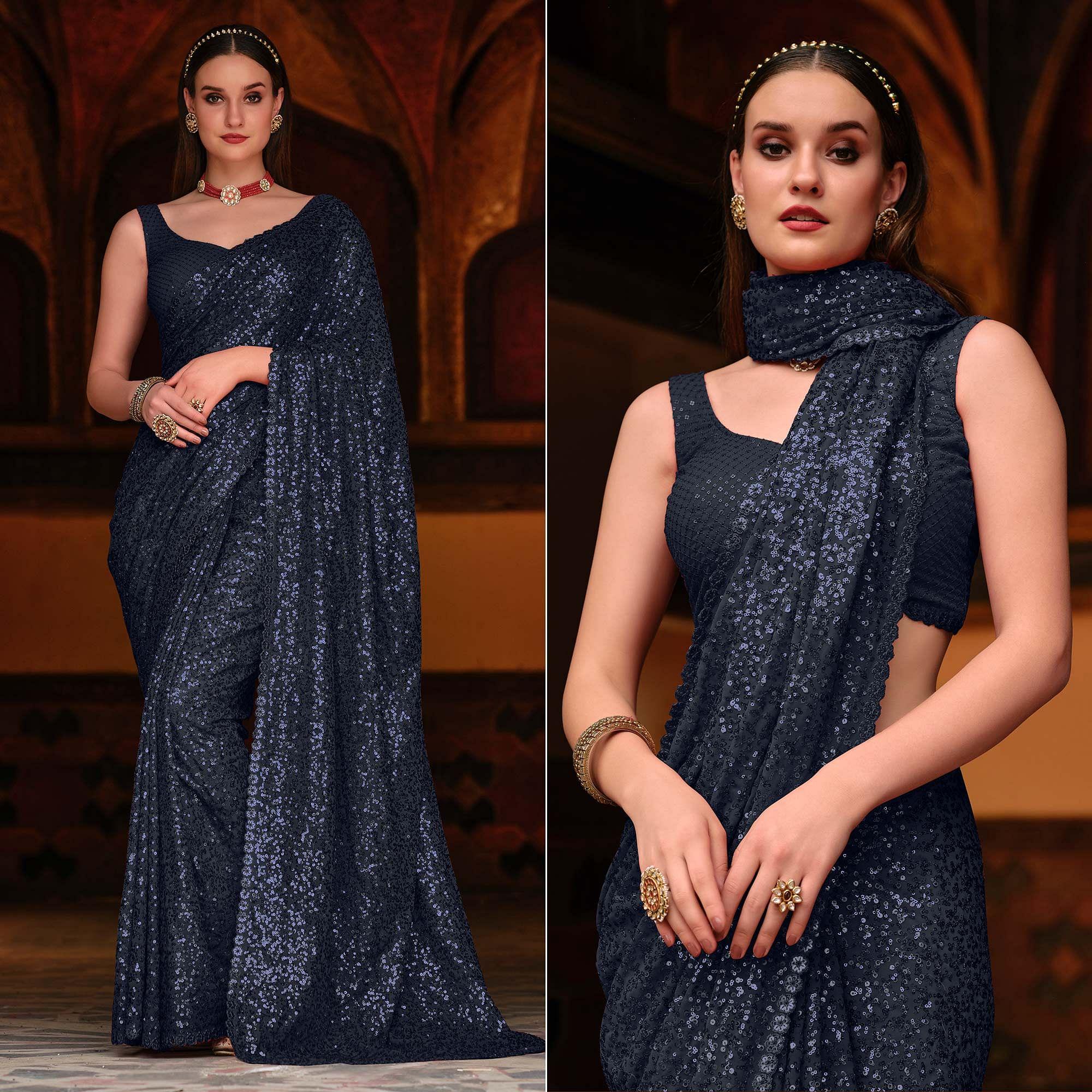 Navy Blue Sequence Embroidered Georgette Saree - Peachmode