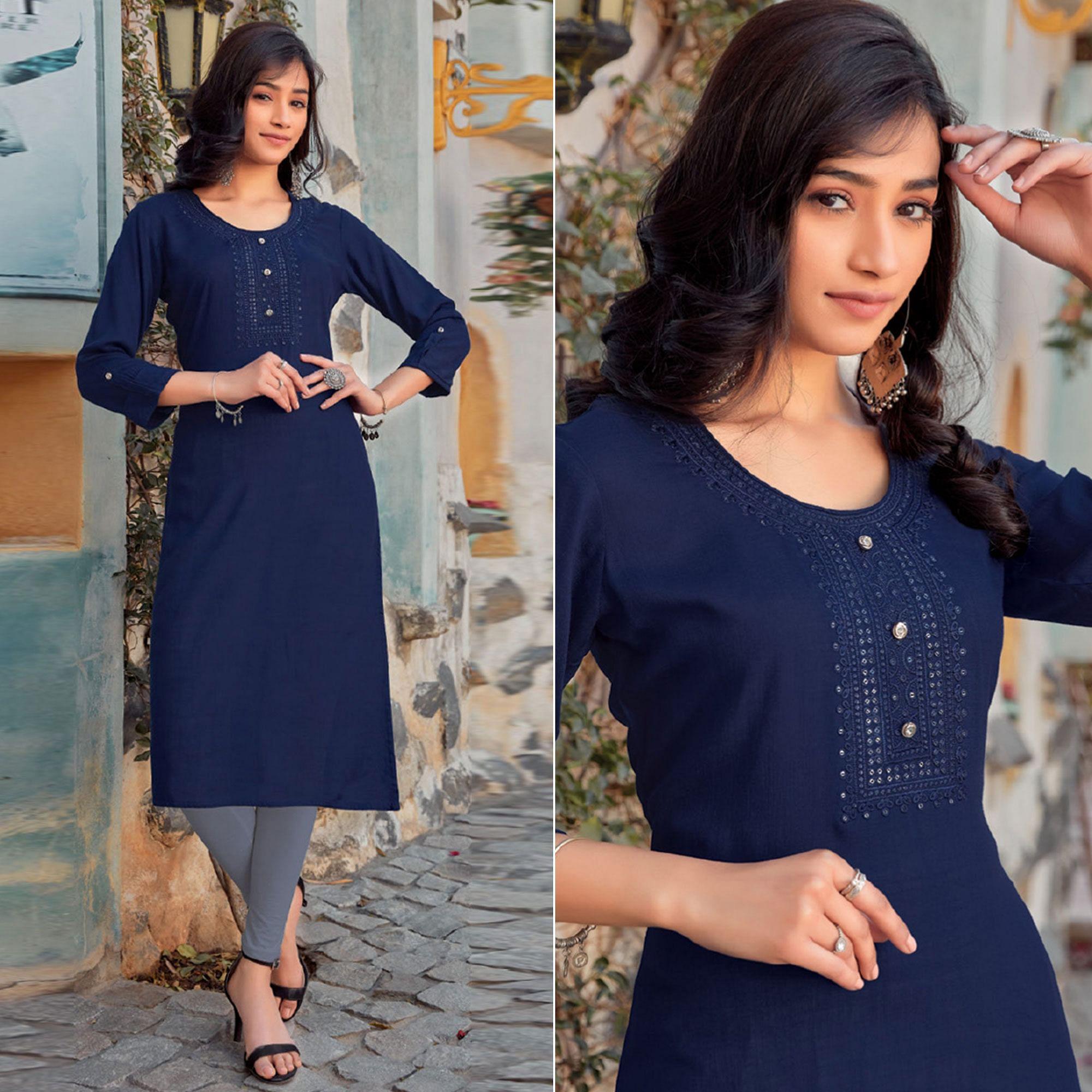Navy Blue Sequence Embroidered Pure Cotton Kurti - Peachmode