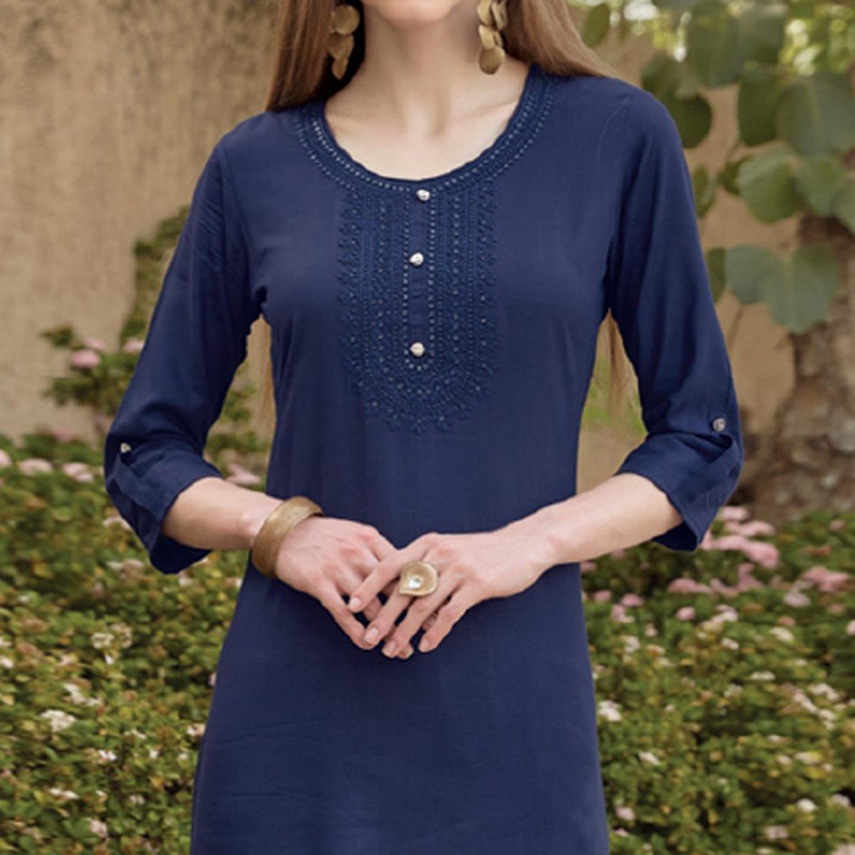 Navy Blue Sequence Embroidered Rayon Kurti - Peachmode
