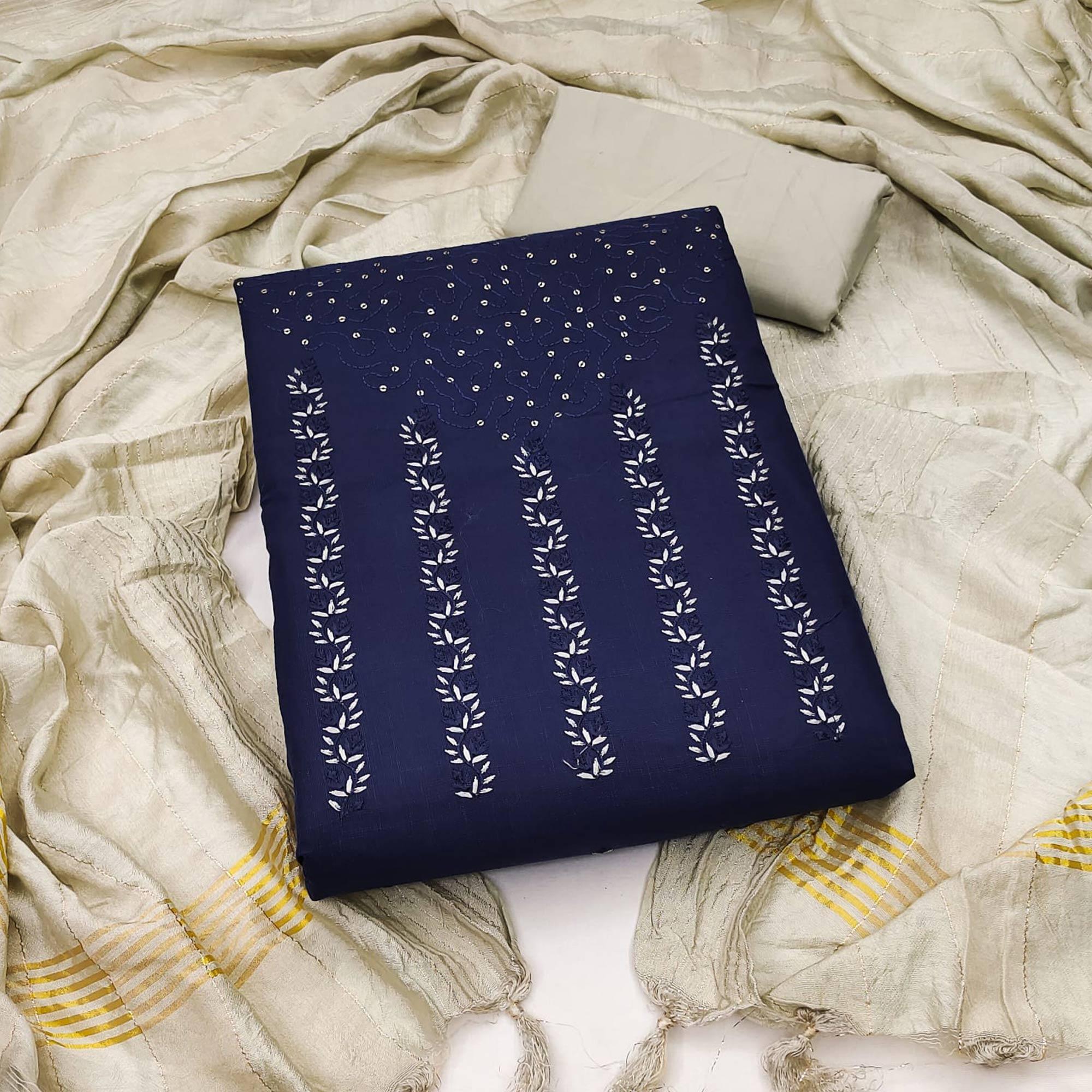 Navy Blue Sequence Floral Embroidered Pure Cotton Dress Material - Peachmode
