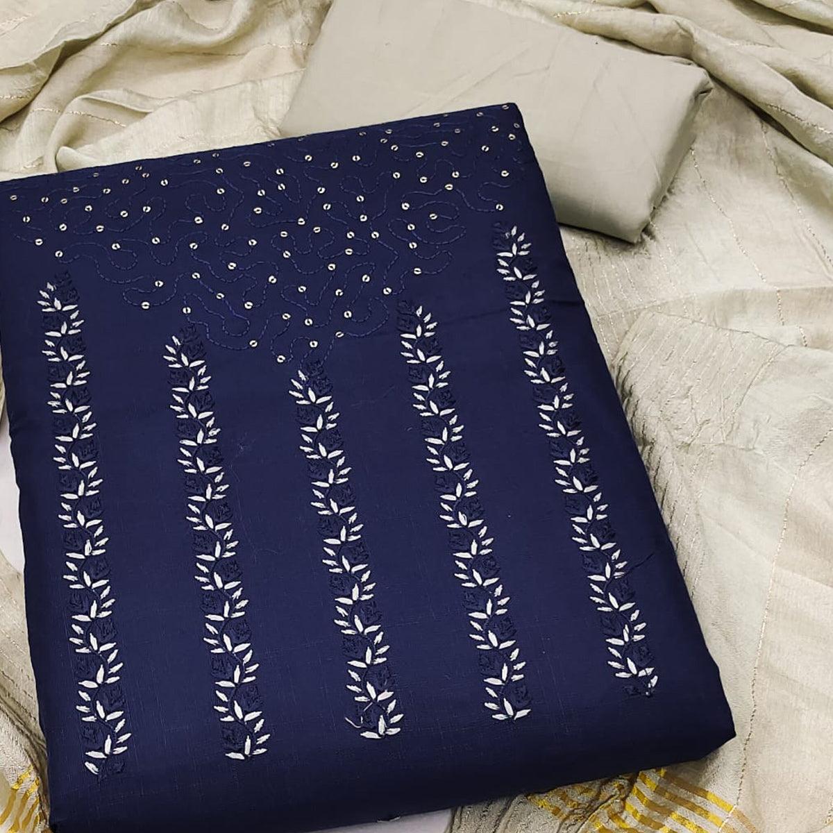 Navy Blue Sequence Floral Embroidered Pure Cotton Dress Material - Peachmode
