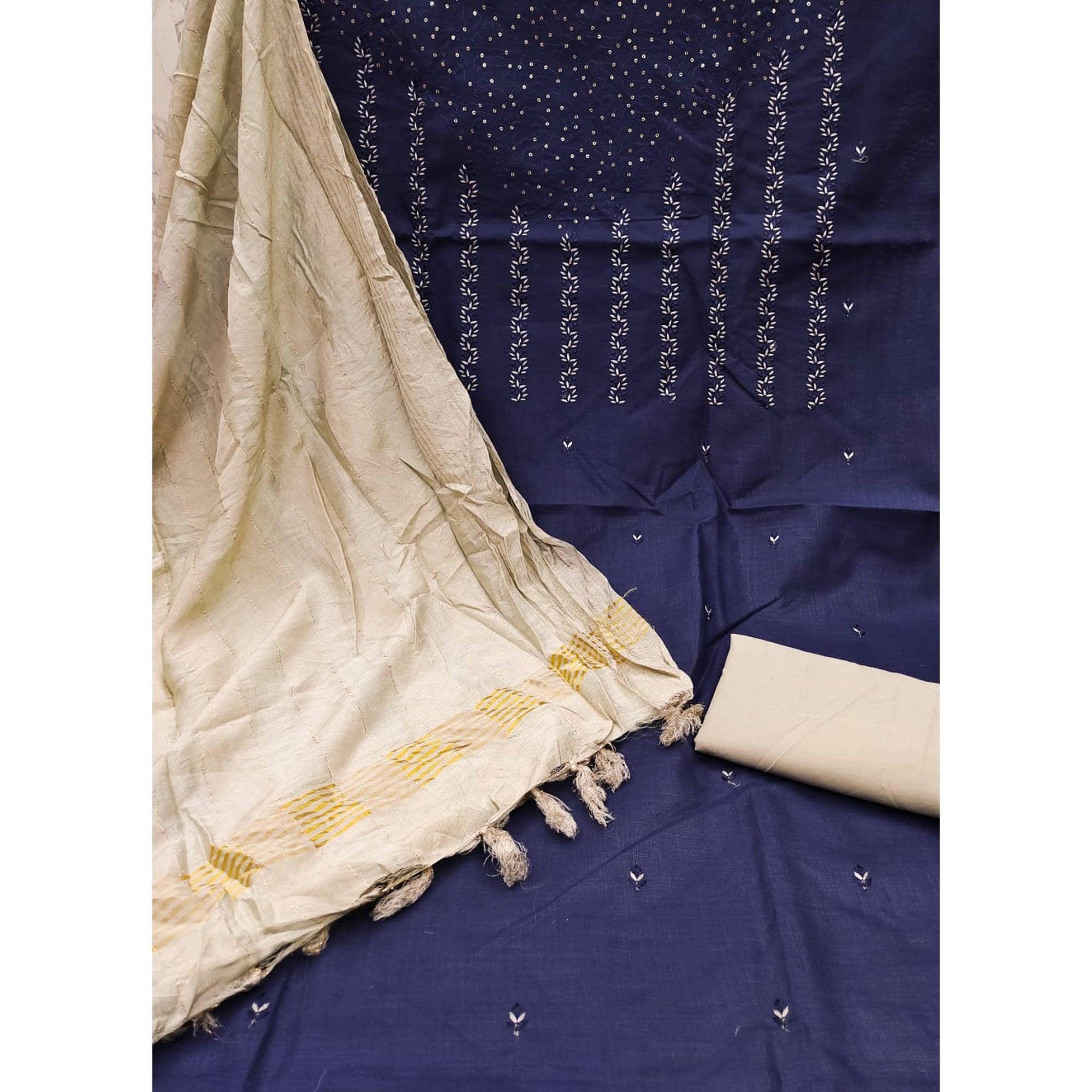 Navy Blue Sequence Floral Embroidered Pure Cotton Dress Material - Peachmode