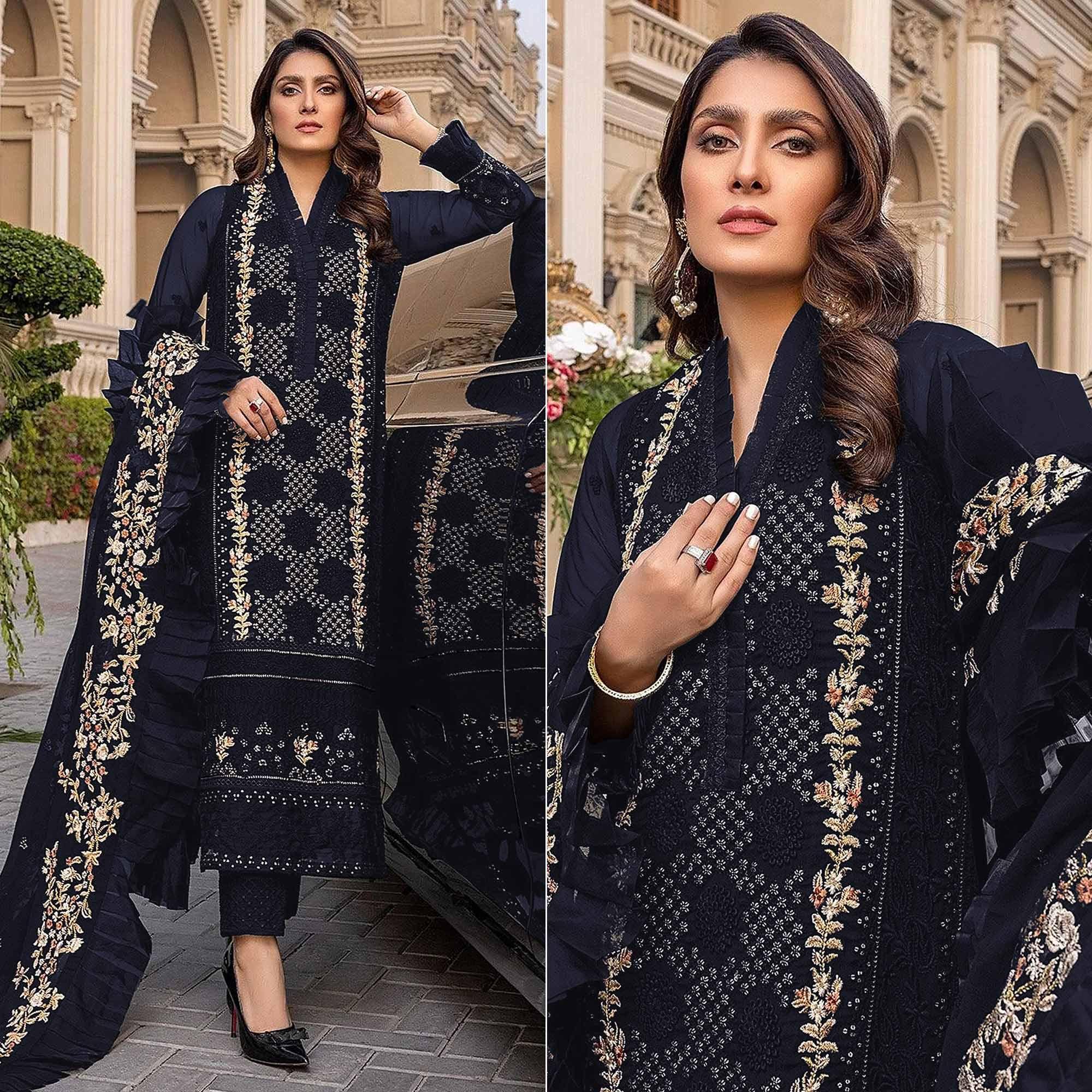 Navy Blue Sequence With Floral Embroidered Georgette Pakistani Suit - Peachmode