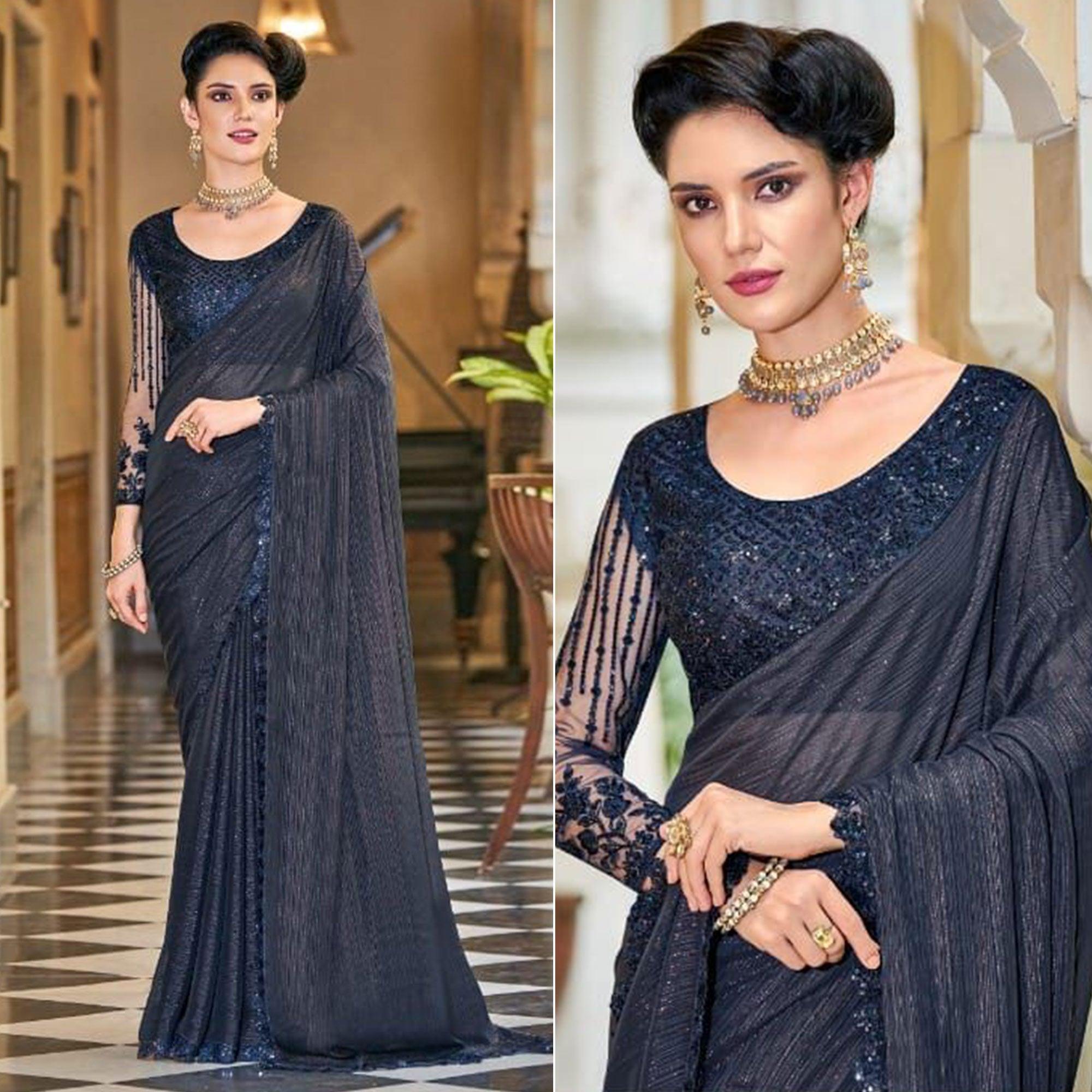 Navy Blue Solid Art Silk Saree - Peachmode