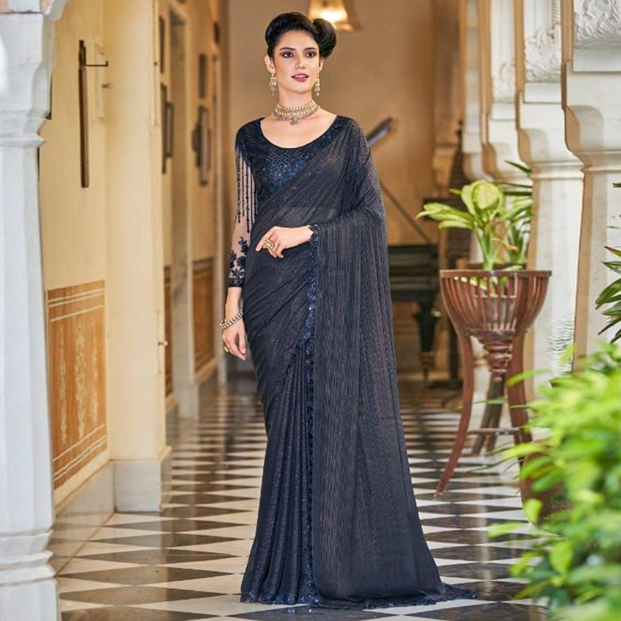 Navy Blue Solid Art Silk Saree - Peachmode
