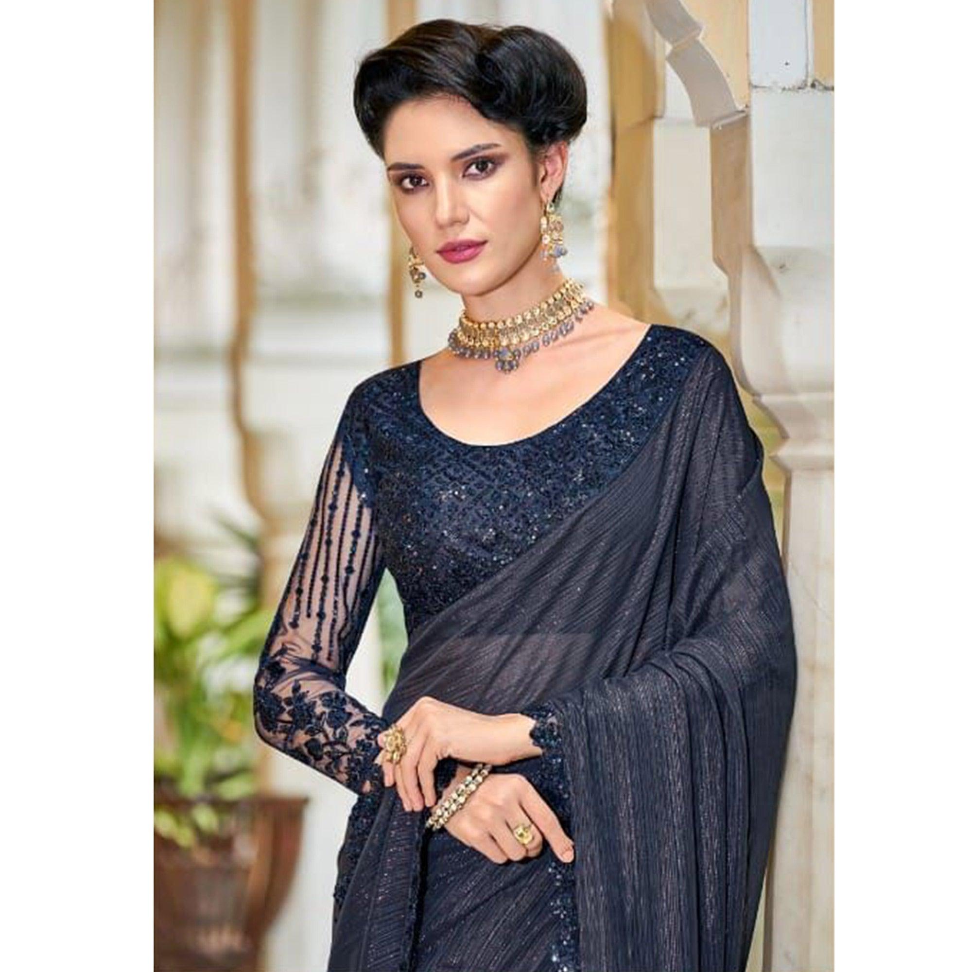 Navy Blue Solid Art Silk Saree - Peachmode