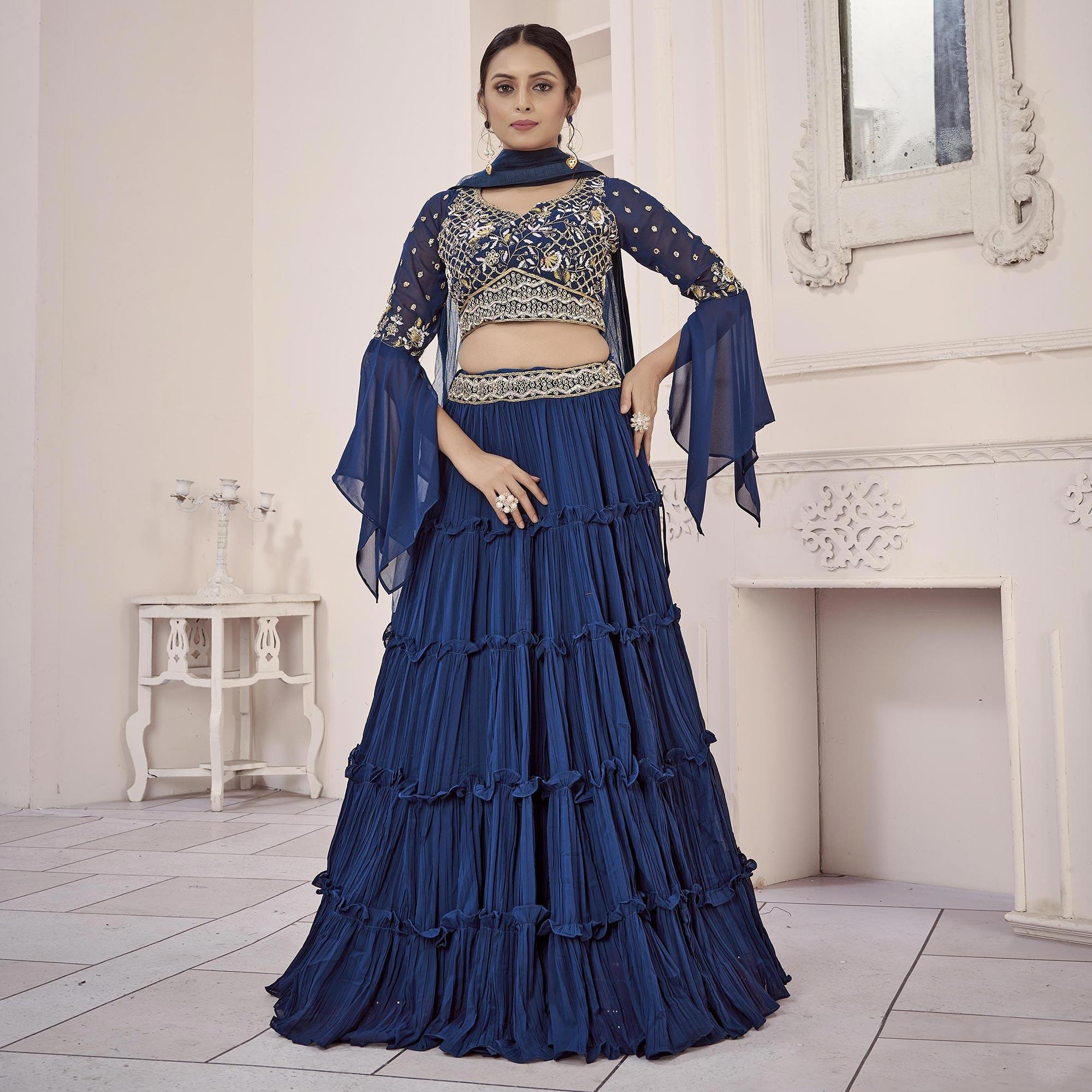 Navy Blue Solid Georgette Lehenga Choli - Peachmode