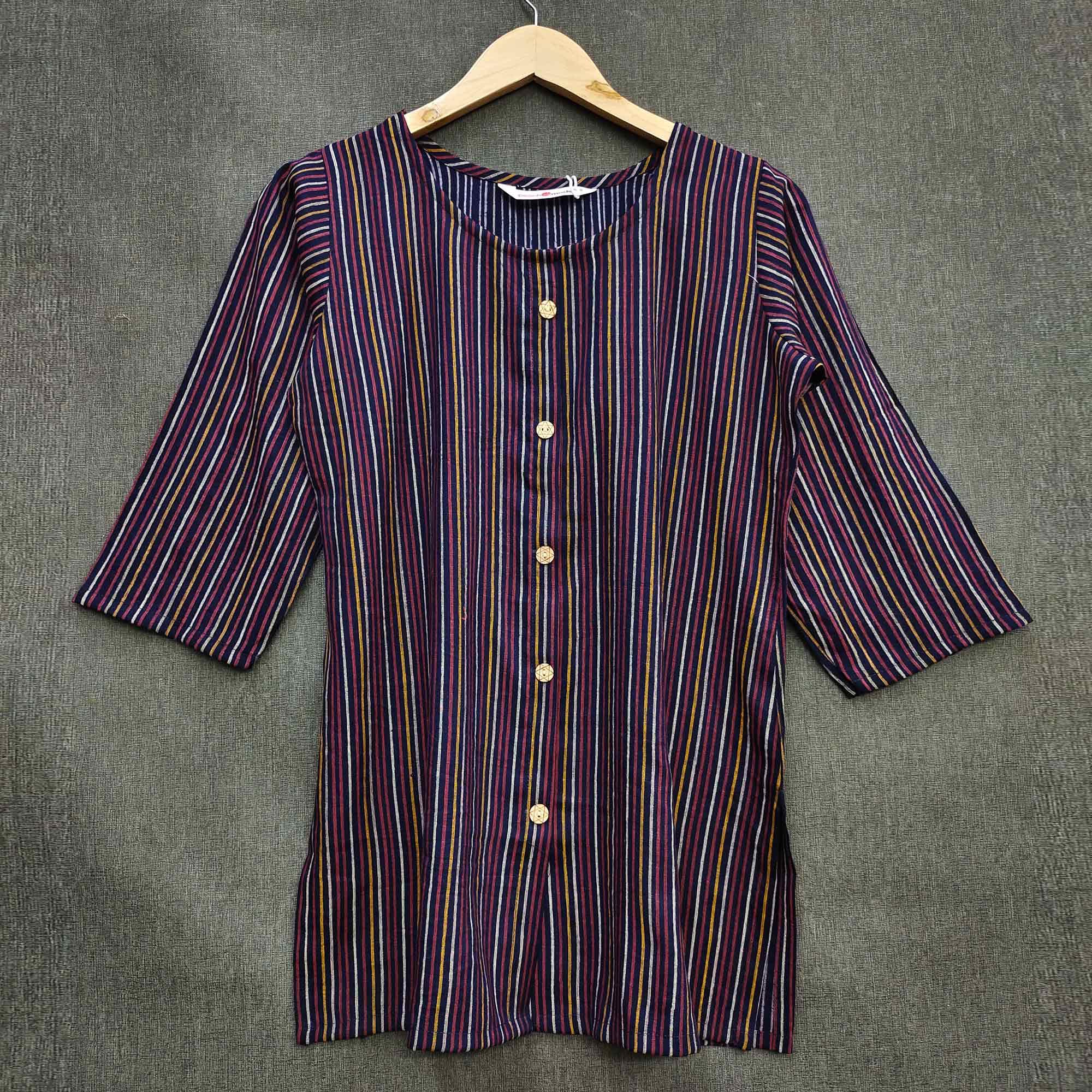 Navy Blue Striped Printed Rayon Top - Peachmode