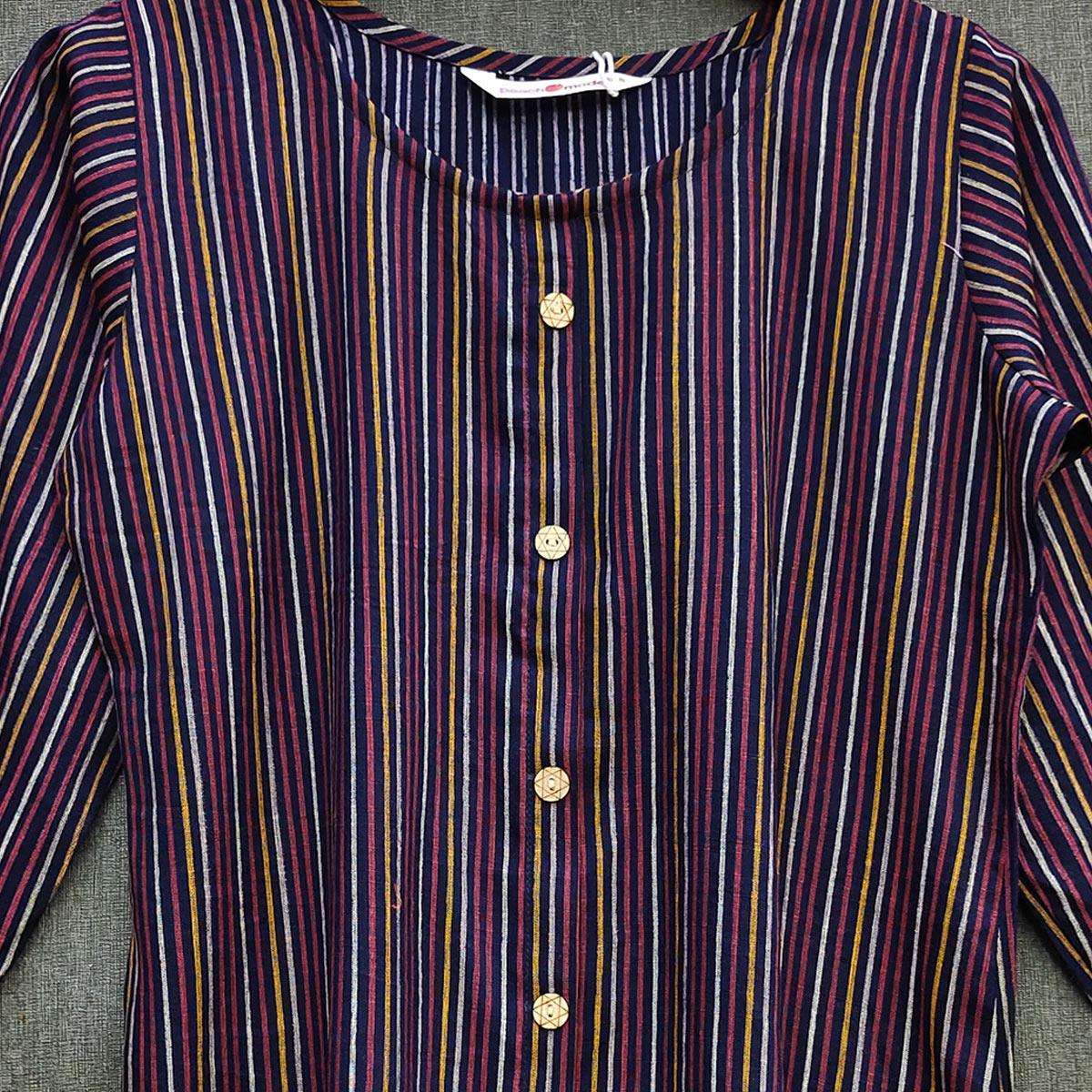 Navy Blue Striped Printed Rayon Top - Peachmode