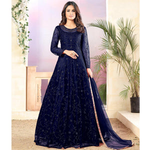 Navy Blue Thread & Sequence Embroidered Net Anarkali Suit - Peachmode