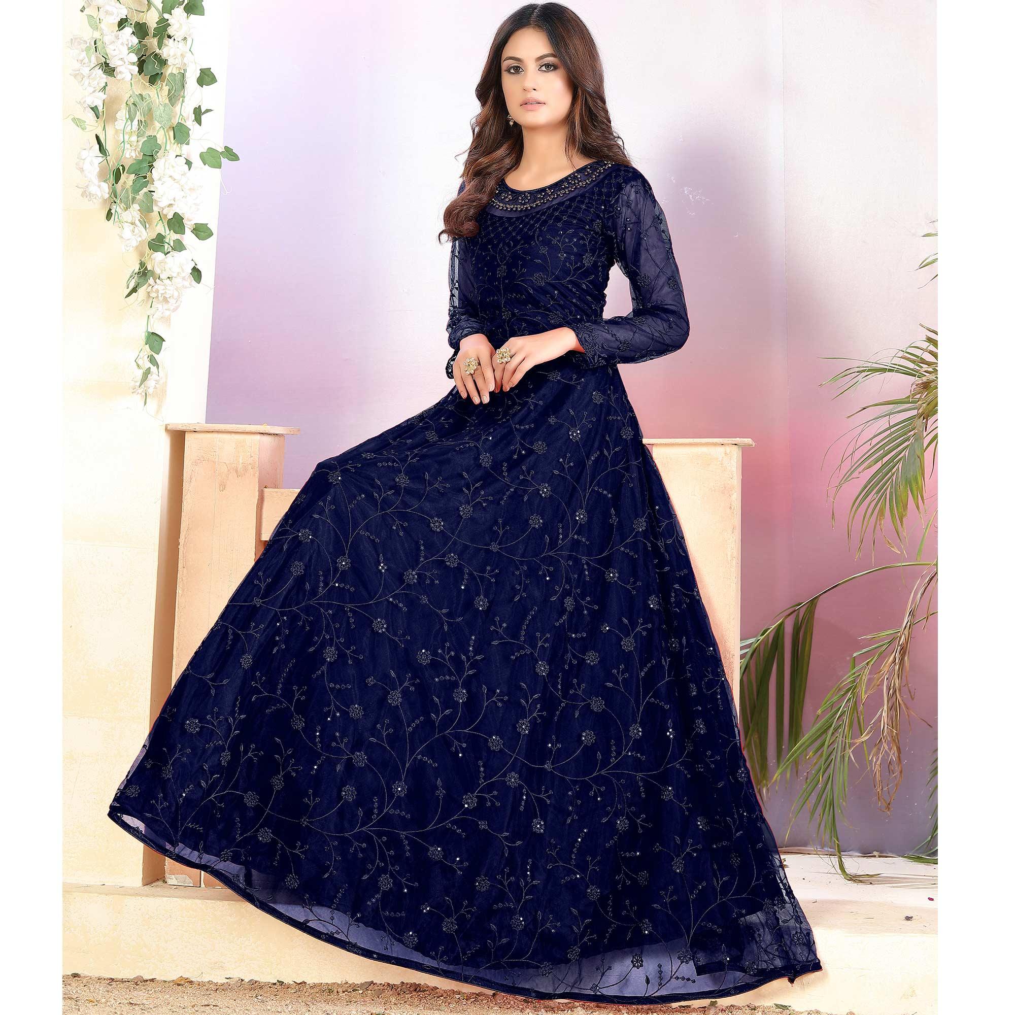 Navy Blue Thread & Sequence Embroidered Net Anarkali Suit - Peachmode