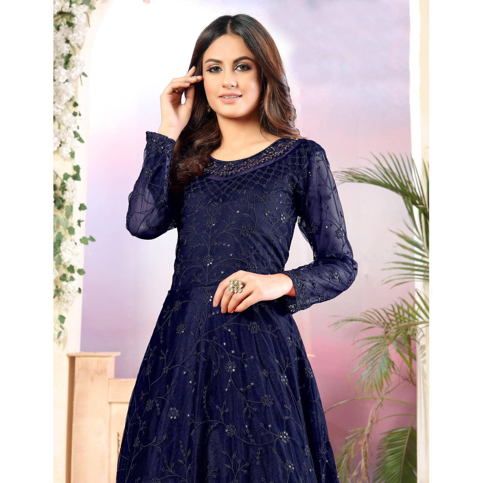 Navy Blue Thread & Sequence Embroidered Net Anarkali Suit - Peachmode