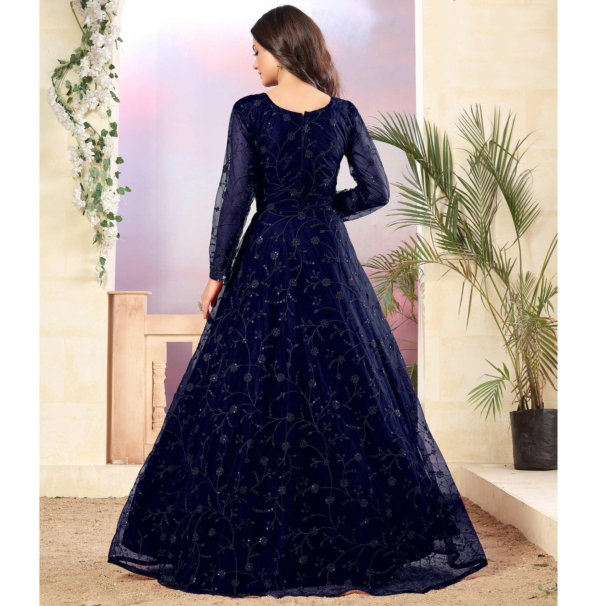 Navy Blue Thread & Sequence Embroidered Net Anarkali Suit - Peachmode