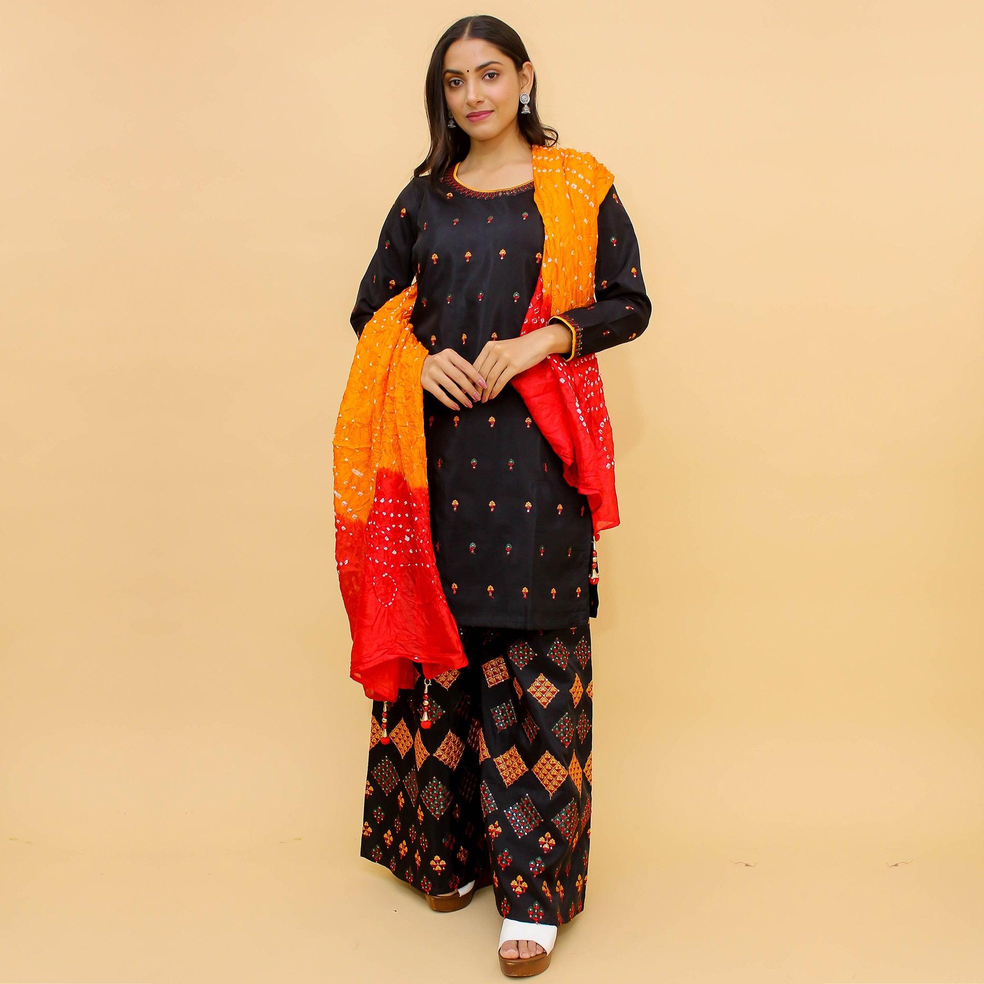 Navy Blue Thread Sequence Embroidered Art Silk Palazzo Suit - Peachmode