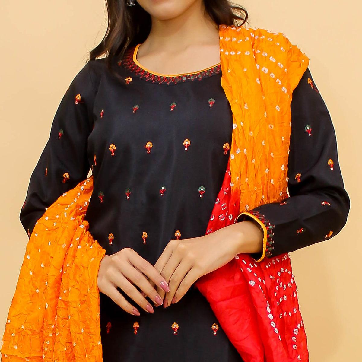 Navy Blue Thread Sequence Embroidered Art Silk Palazzo Suit - Peachmode