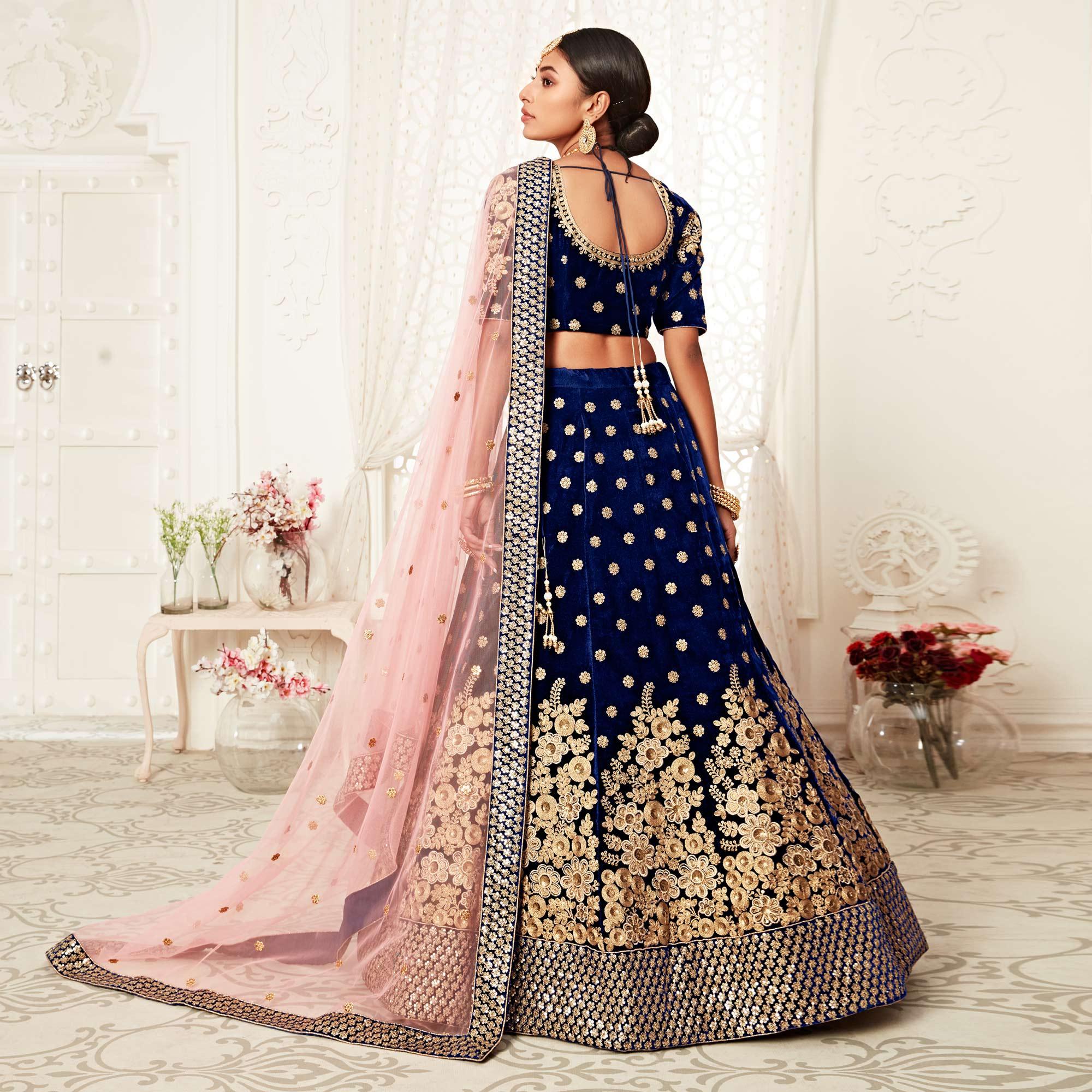 Navy Blue Wedding Wear Floral Sequins Embroidered Velvet Lehenga Choli - Peachmode