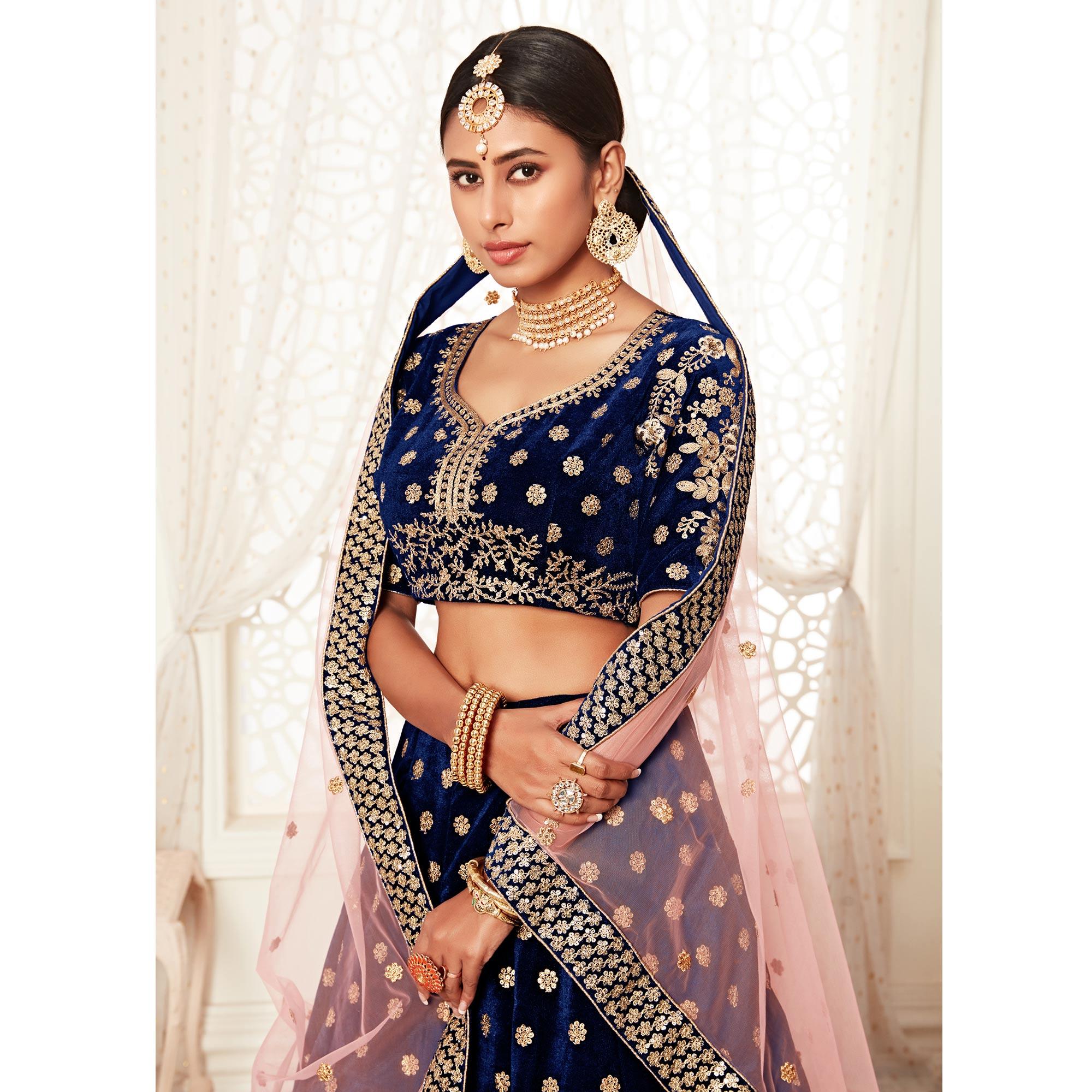 Navy Blue Wedding Wear Floral Sequins Embroidered Velvet Lehenga Choli - Peachmode