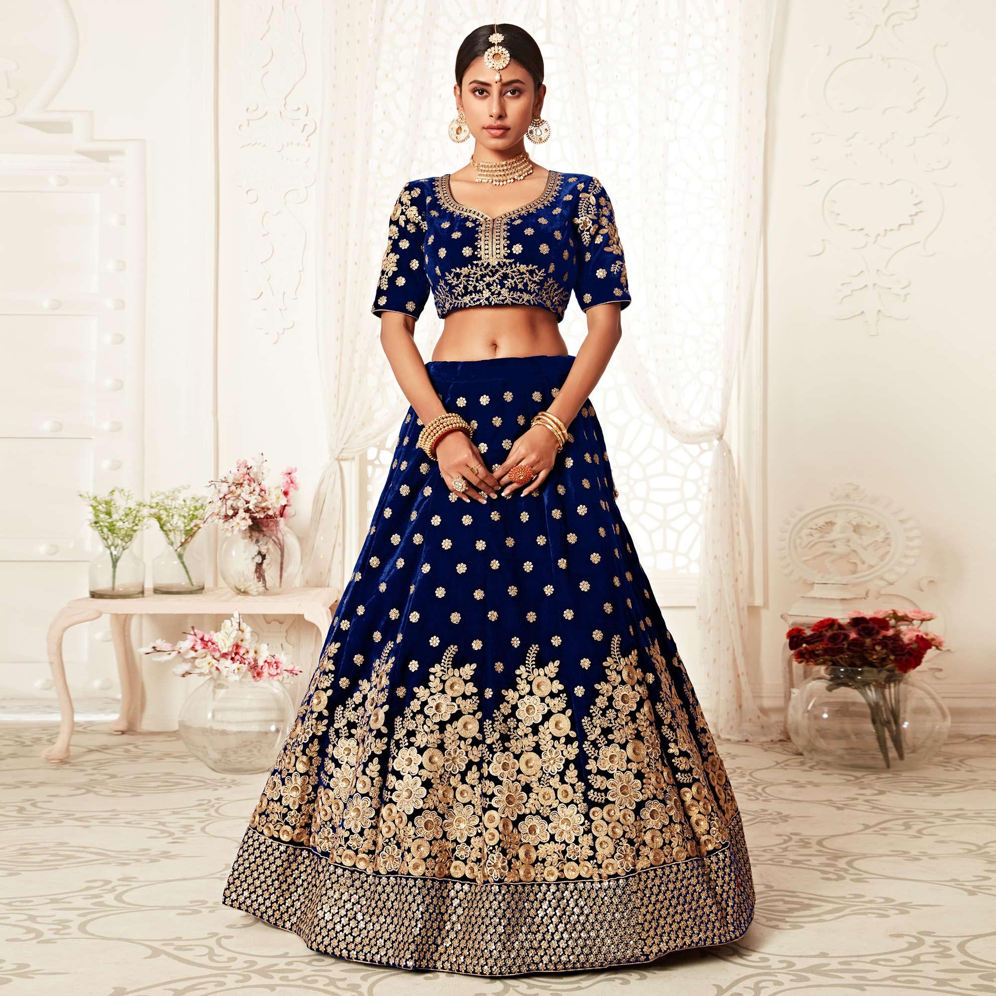 Navy Blue Wedding Wear Floral Sequins Embroidered Velvet Lehenga Choli - Peachmode