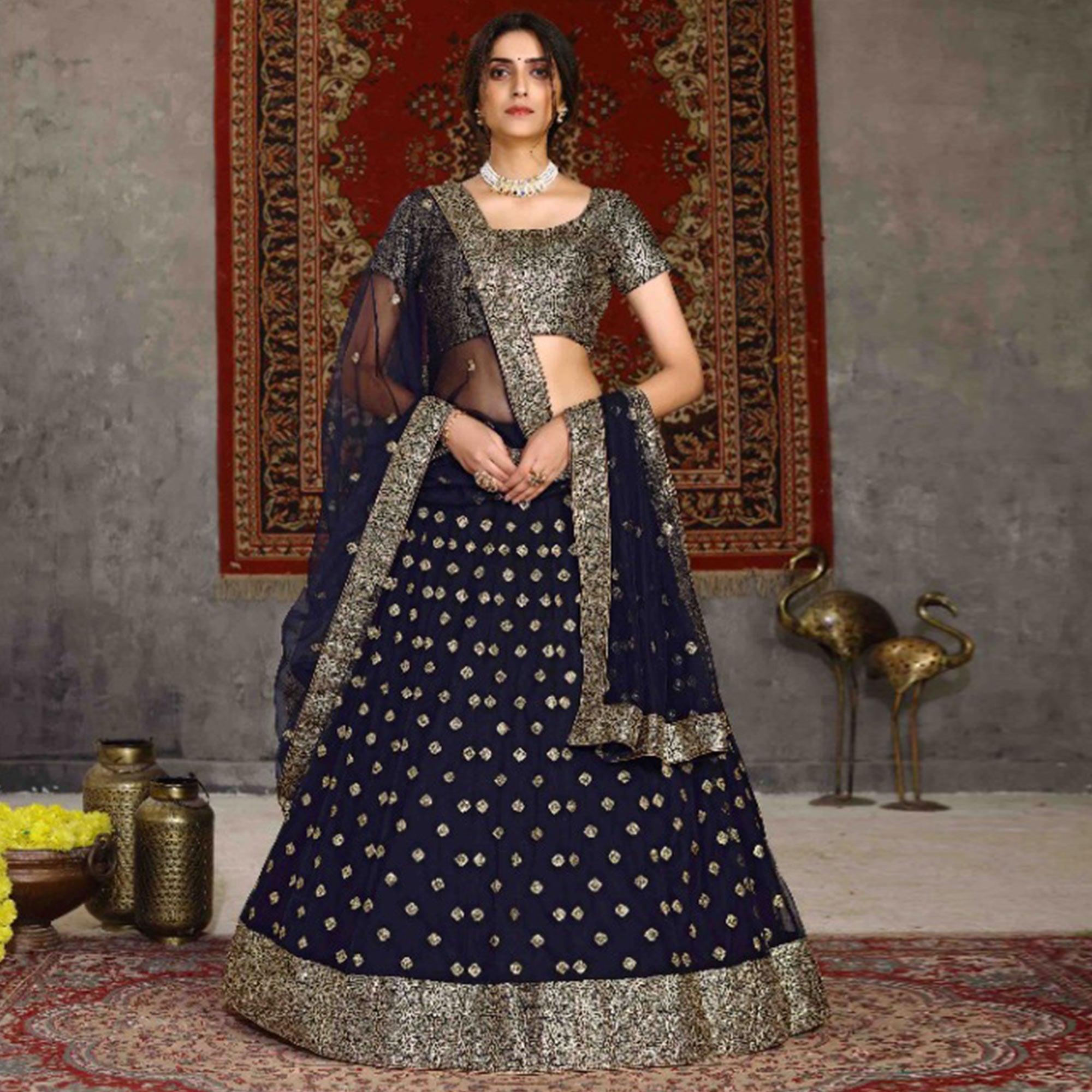 Navy Blue Wedding Wear Sequence Embroidered Net Lehenga Choli - Peachmode