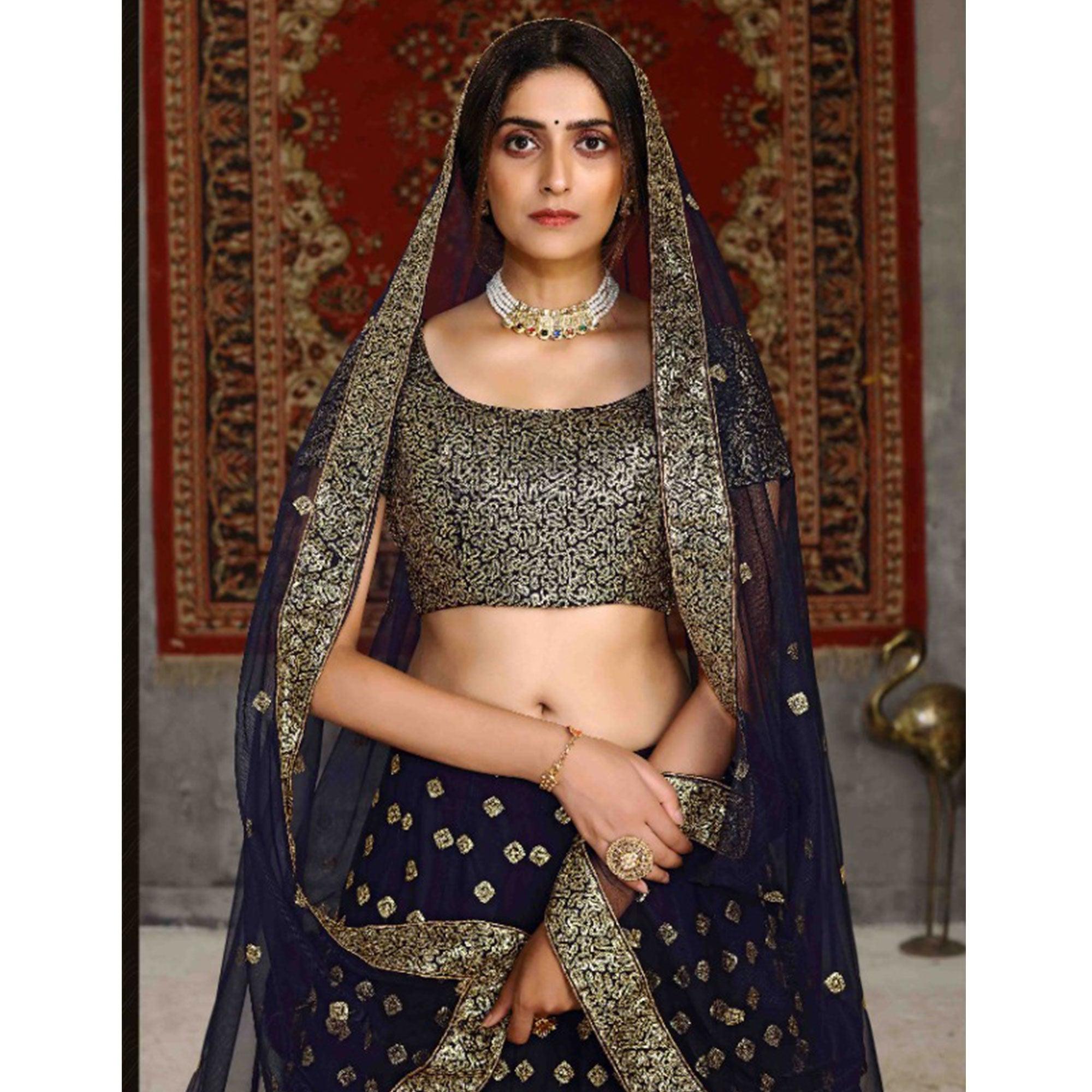 Navy Blue Wedding Wear Sequence Embroidered Net Lehenga Choli - Peachmode