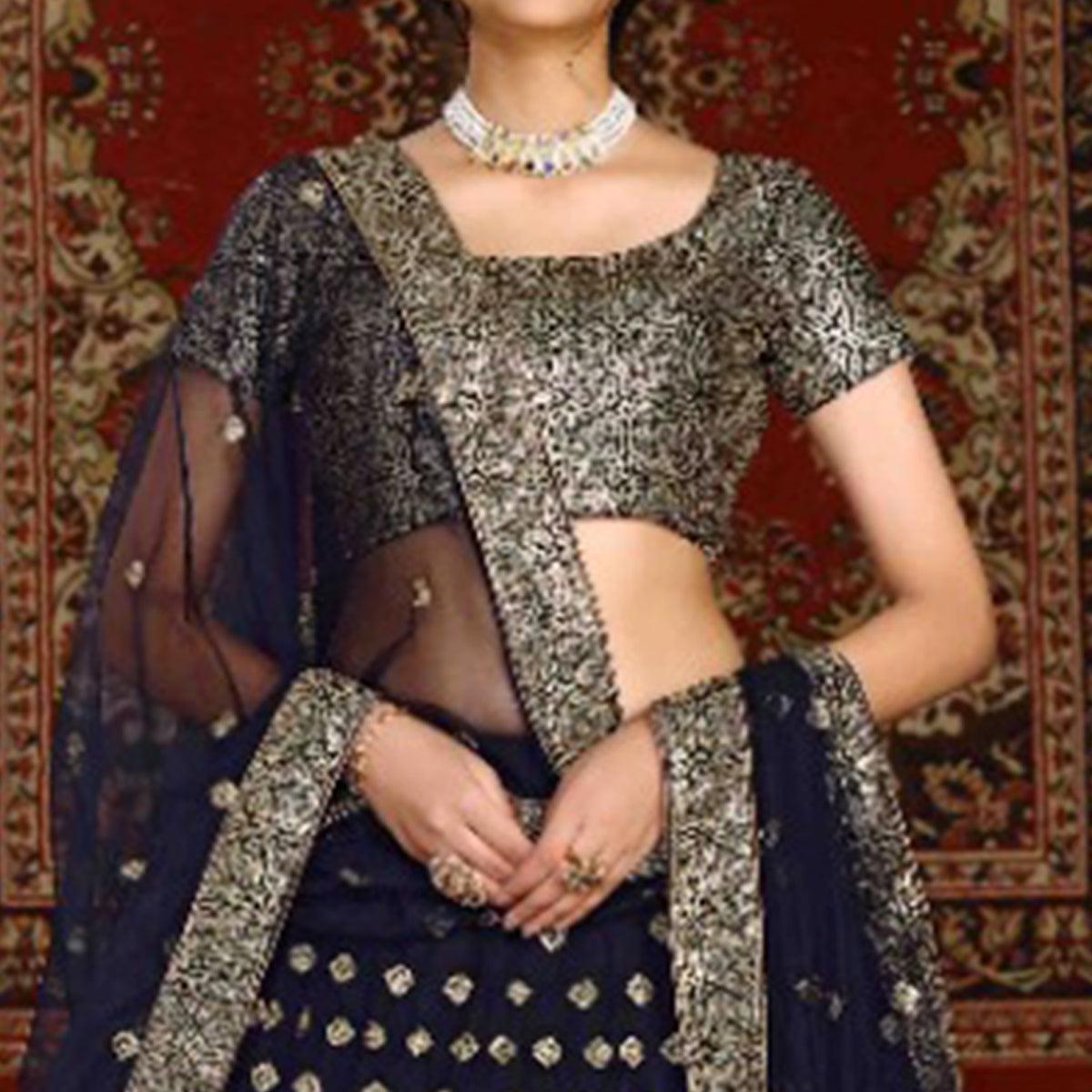 Navy Blue Wedding Wear Sequence Embroidered Net Lehenga Choli - Peachmode