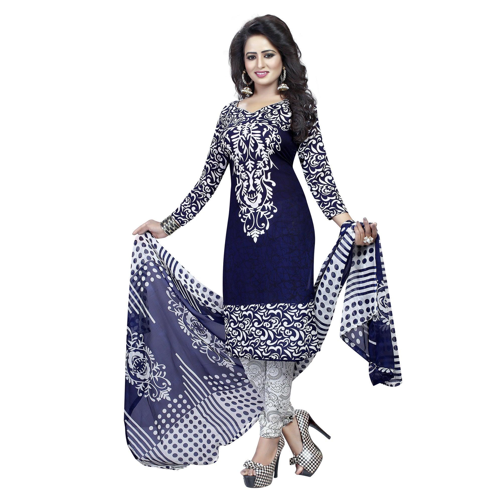 Navy Blue - White Printed Crepe Salwar Suit - Peachmode