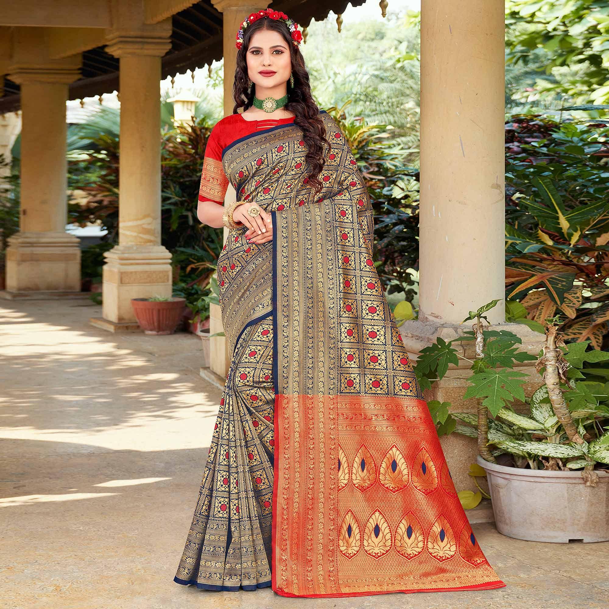 Navy Blue Woven Art Silk Saree - Peachmode
