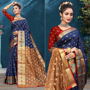 Navy Blue Woven Art Silk Saree - Peachmode