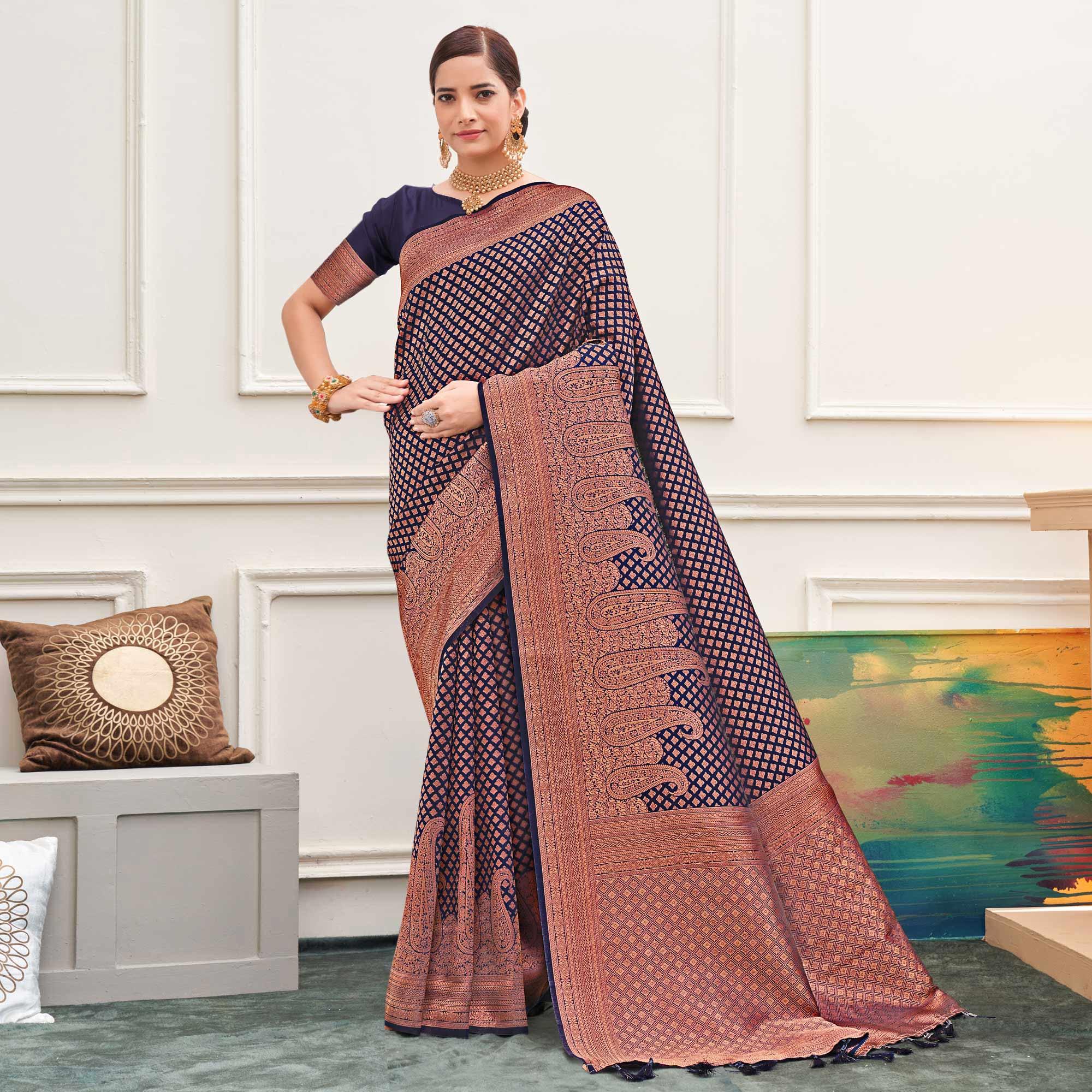 Navy Blue Woven Art Silk Saree - Peachmode
