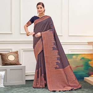 Navy Blue Woven Art Silk Saree - Peachmode