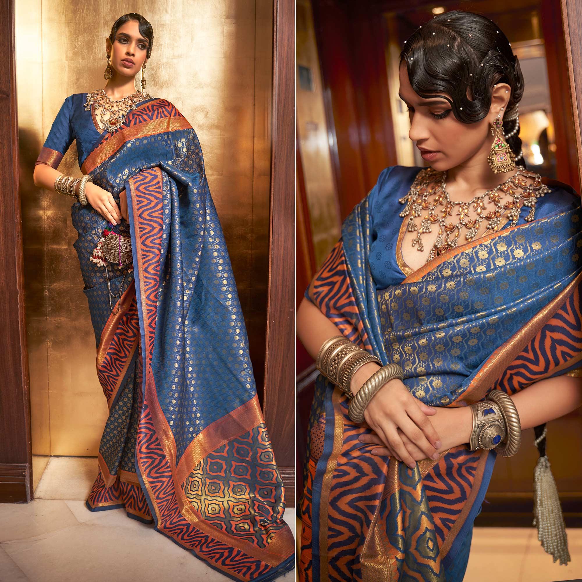 Navy Blue Woven Art Silk Saree - Peachmode