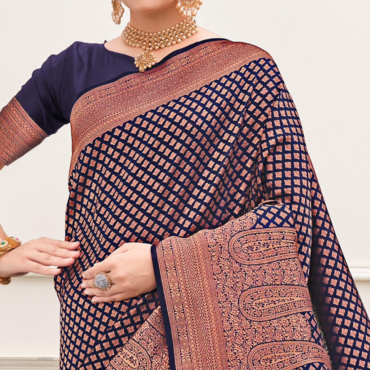 Navy Blue Woven Art Silk Saree - Peachmode